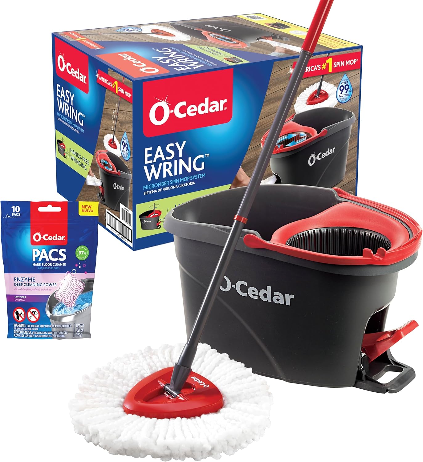 O-Cedar EasyWring Microfiber Spin Mop, Bucket Floor Cleaning System, Red, Gray,