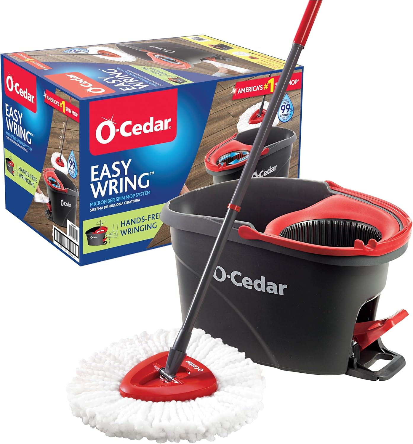 O-Cedar EasyWring Microfiber Spin Mop, Bucket Floor Cleaning System, Red, Gray, - View 2
