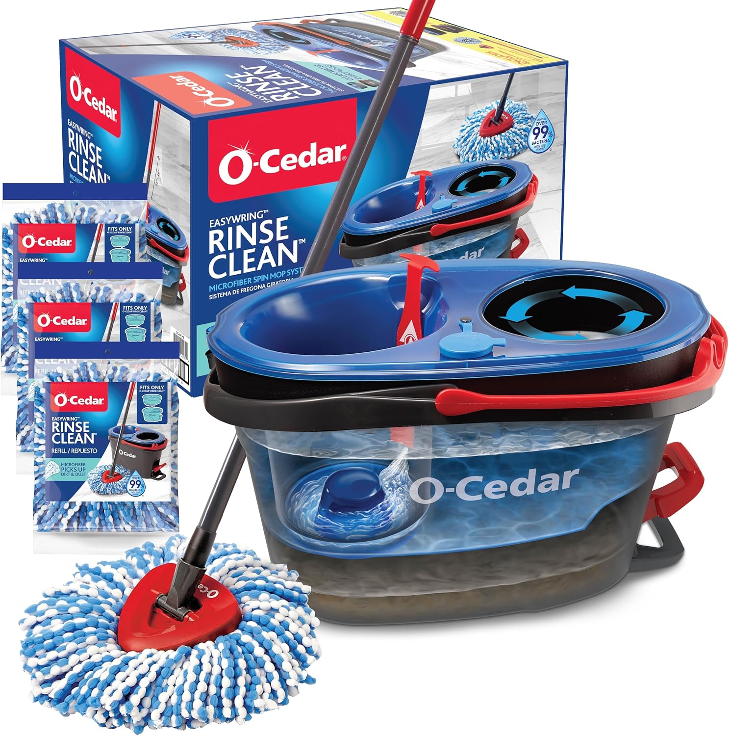 O-Cedar RinseClean Spin Mop & Bucket System + 2 Extra Mop Heads | Clean with