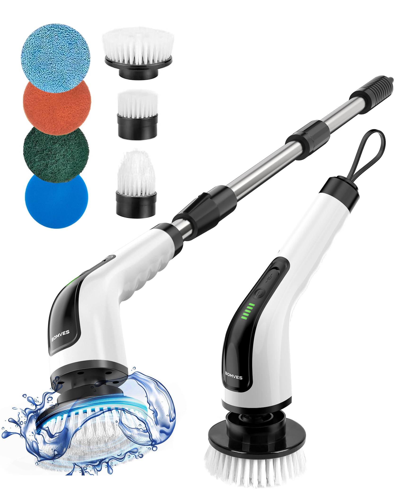 Bomves Electric Spin Scrubber, Cordless Cleaning Brush Scrubber for Home, 8 Replaceable Brush Heads-90Mins Work Time, 3 Adjustable Size, 2 Speeds for