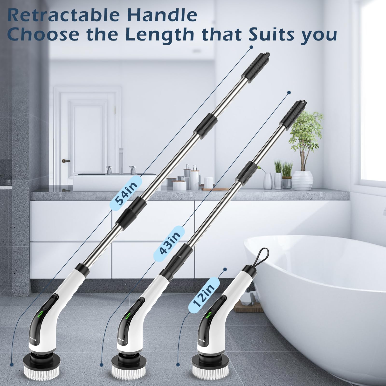 Bomves Electric Spin Scrubber, Cordless Cleaning Brush Scrubber for Home, 8 Replaceable Brush Heads-90Mins Work Time, 3 Adjustable Size, 2 Speeds for detail view 2