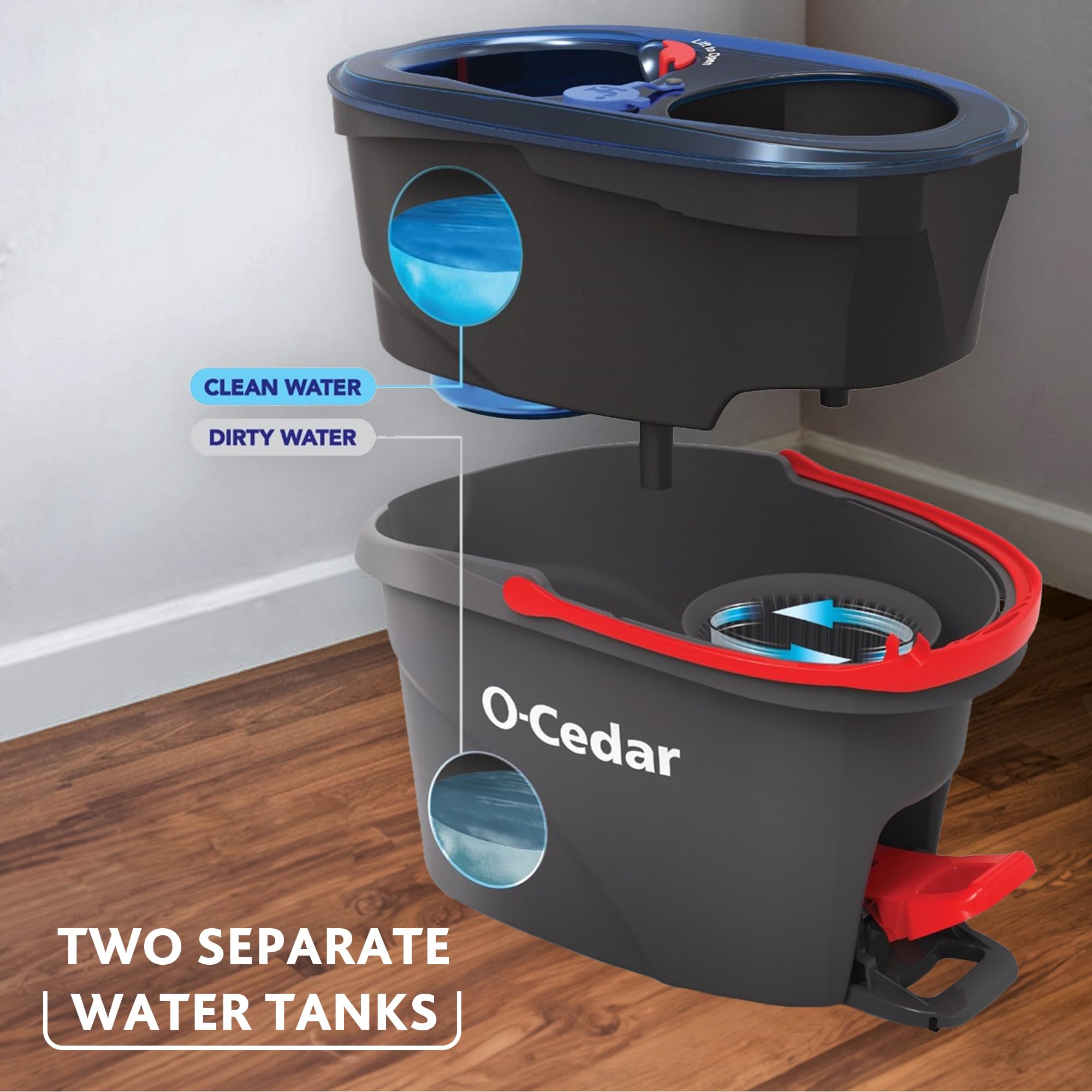 O-Cedar RinseClean Spin Mop & Bucket System + 2 Extra Mop Heads | Clean with Water | Removes 99% of Bacteria detail view 2
