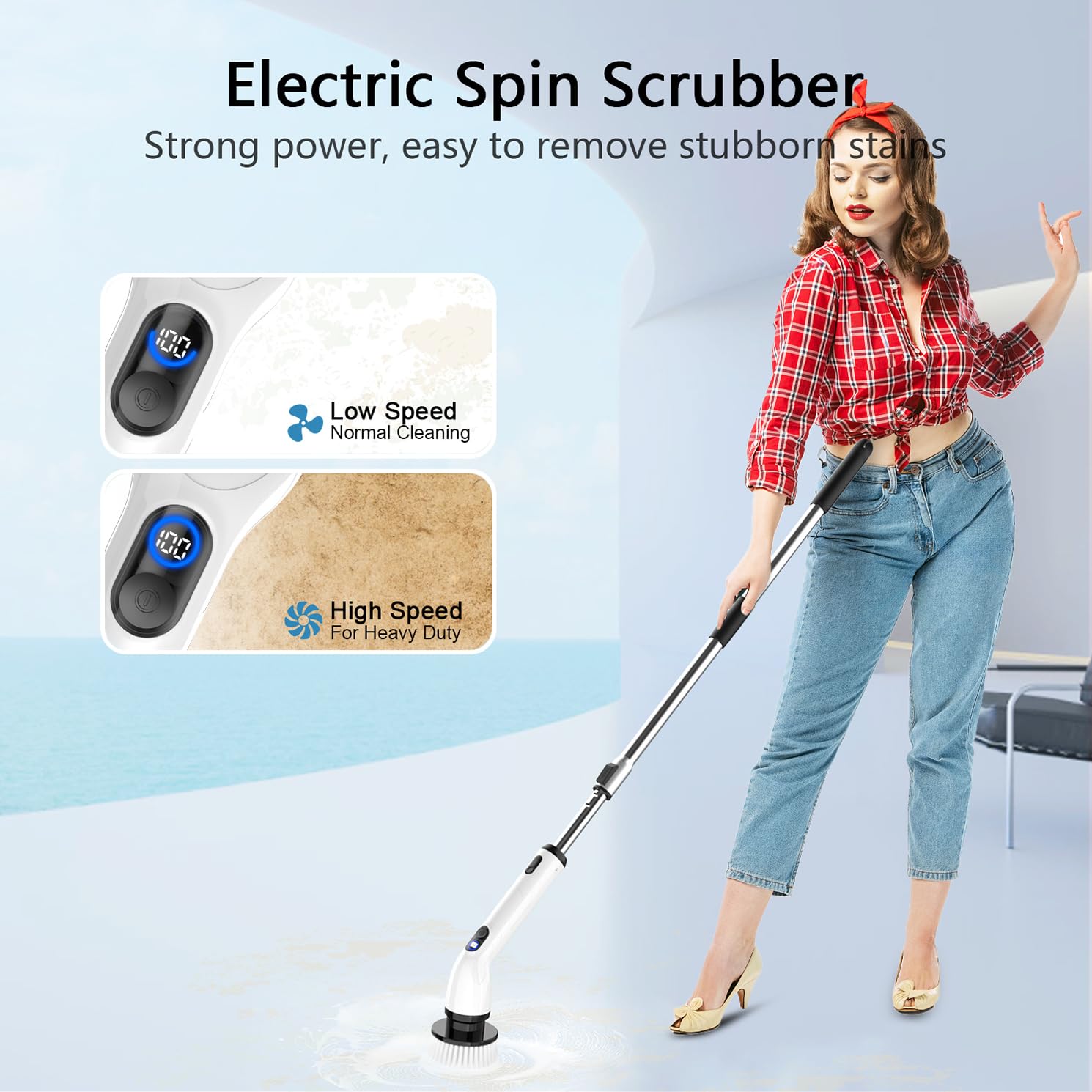 TUYU Electric Spin Scrubber, Full-Body IPX7 Waterproof Bathroom Scrubber with Power LCD Display, Adjustable Extension Handle, Cordless Shower Cleaner detail view 2