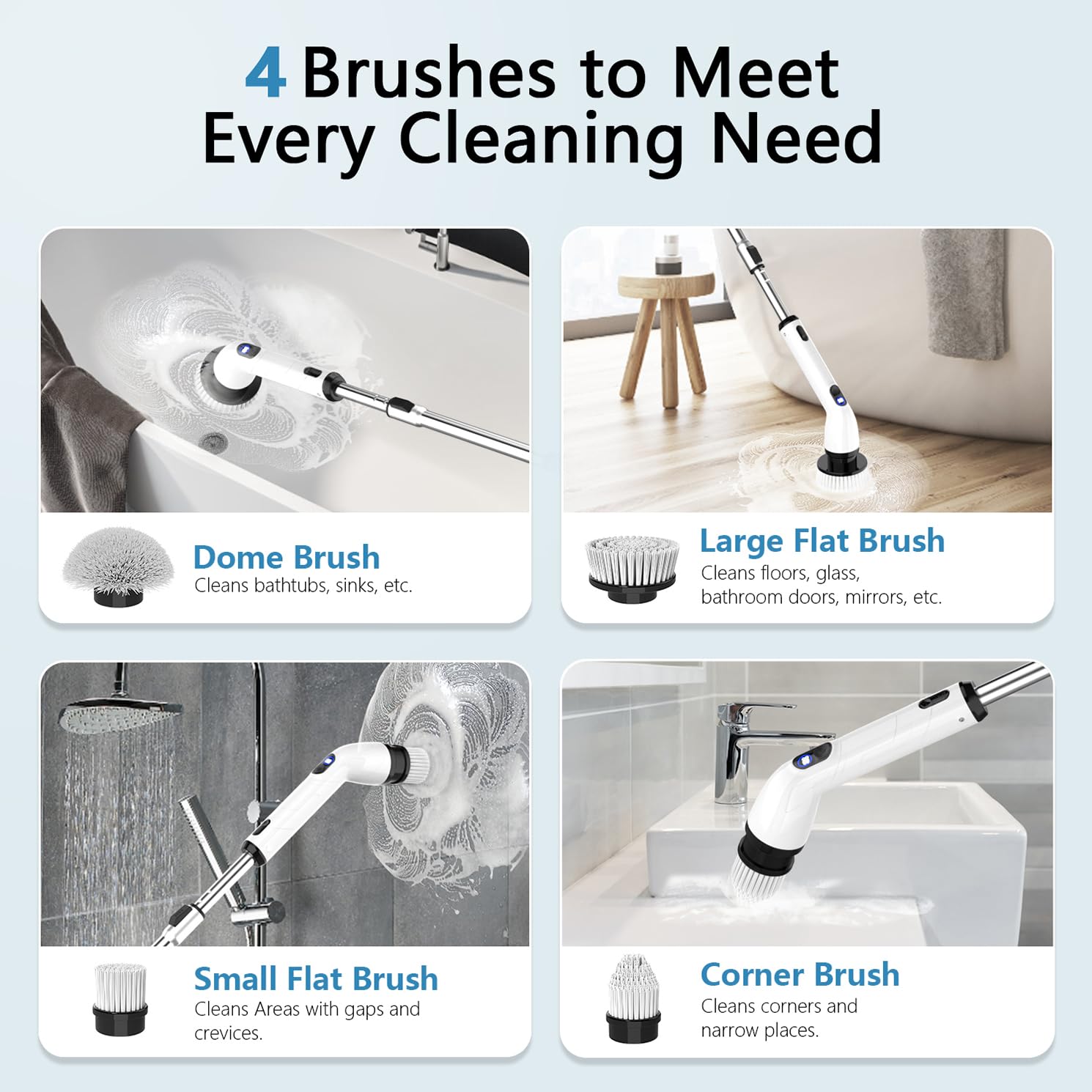 TUYU Electric Spin Scrubber, Full-Body IPX7 Waterproof Bathroom Scrubber with Power LCD Display, Adjustable Extension Handle, Cordless Shower Cleaner detail view 3