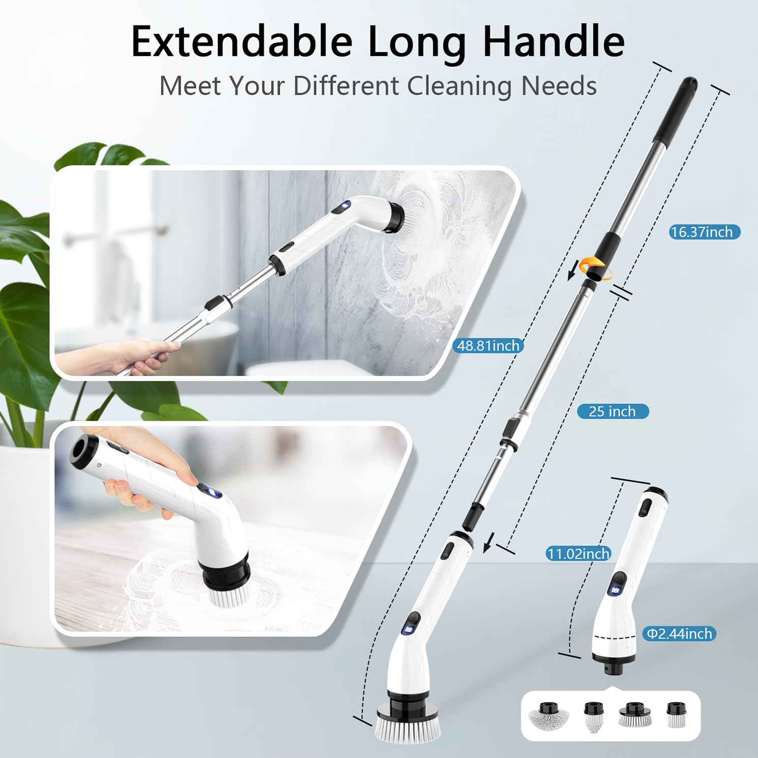 TUYU Electric Spin Scrubber, Full-Body IPX7 Waterproof Bathroom Scrubber with Power LCD Display, Adjustable Extension Handle, Cordless Shower Cleaner detail view 4