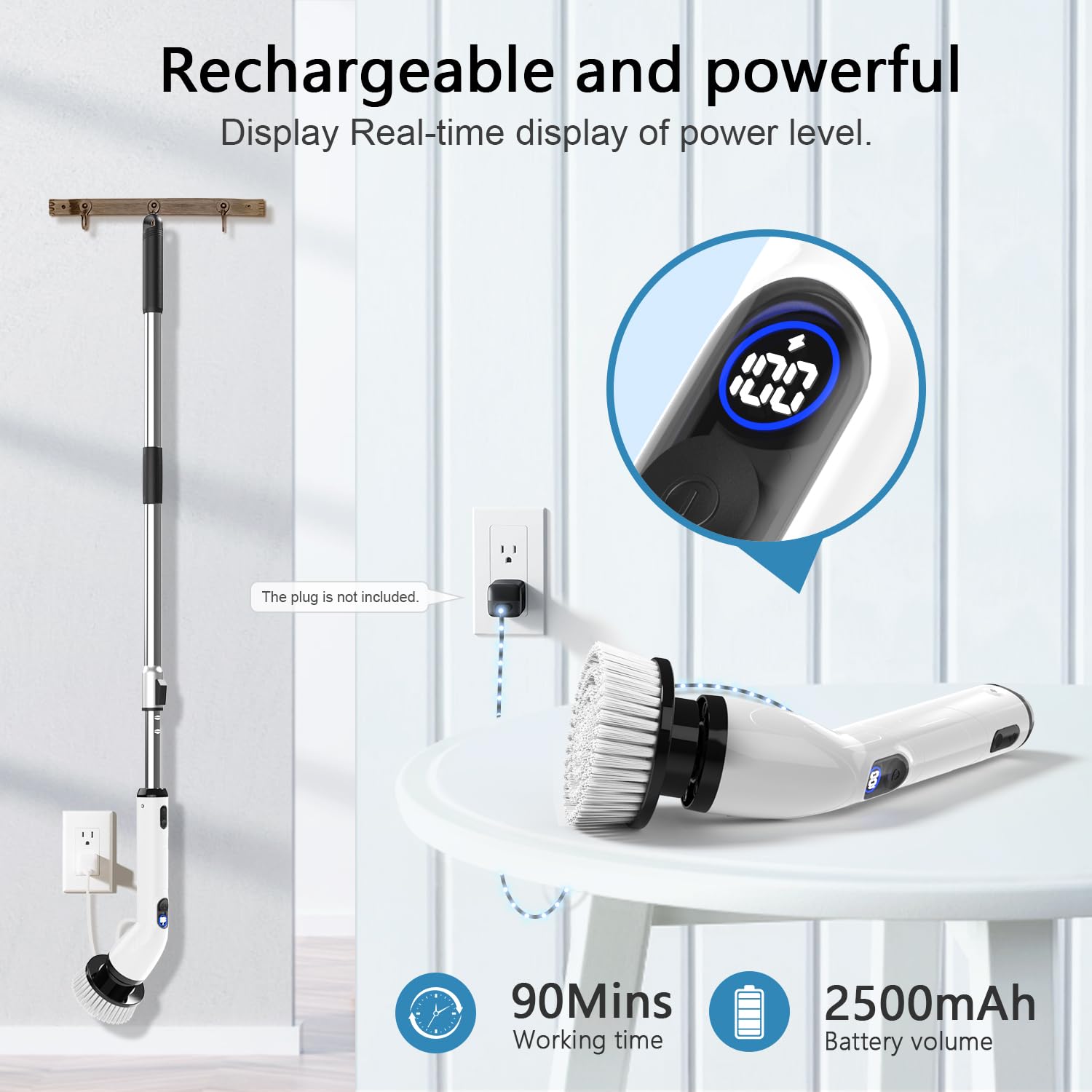 TUYU Electric Spin Scrubber, Full-Body IPX7 Waterproof Bathroom Scrubber with Power LCD Display, Adjustable Extension Handle, Cordless Shower Cleaner detail view 5