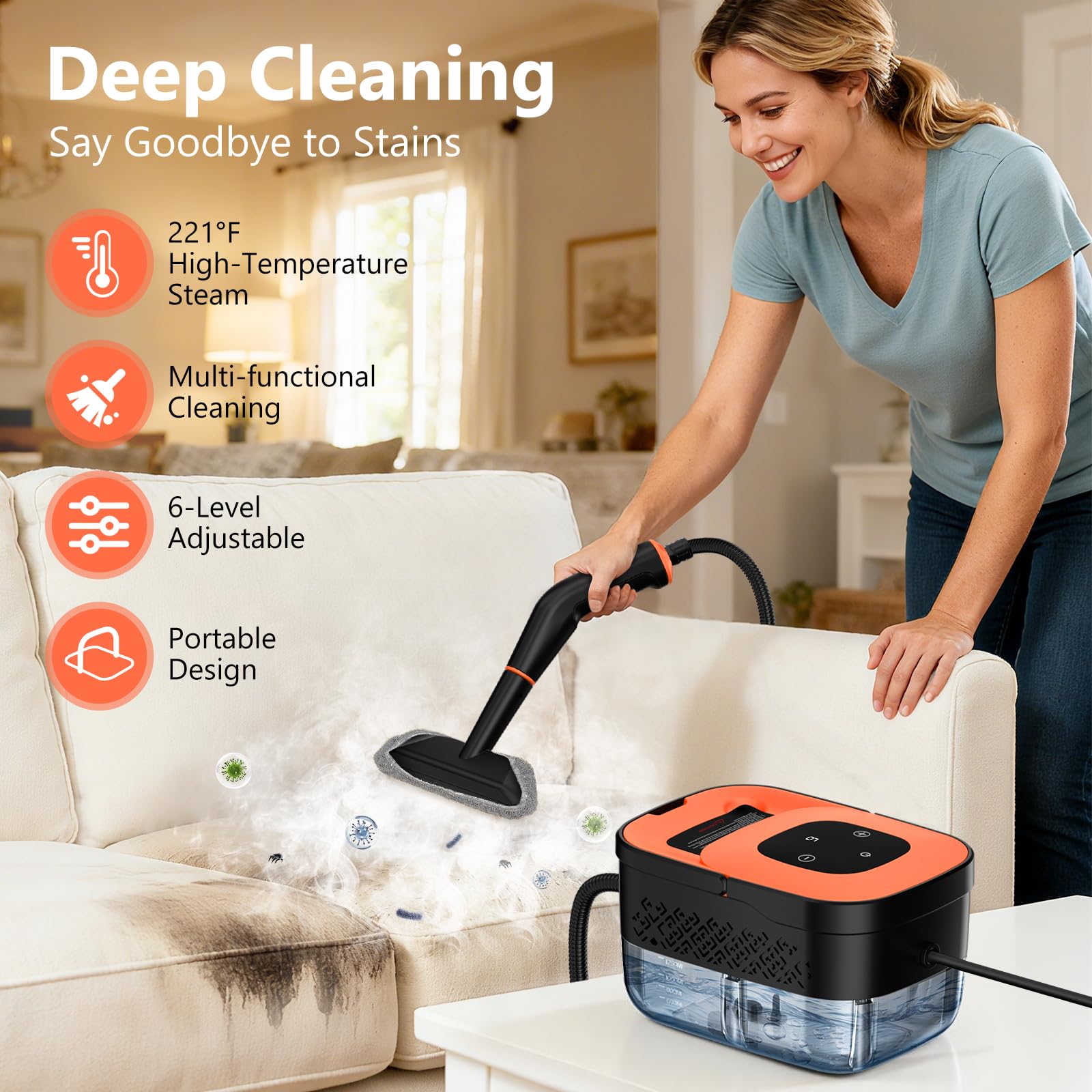 Steam Cleaner, Portable Steamer for Cleaning with 16pcs Accessories, 6-Level Adjustable, 15s Heat-Up, Handheld Steam Cleaner for Home, Tile, Grease, D detail view 2