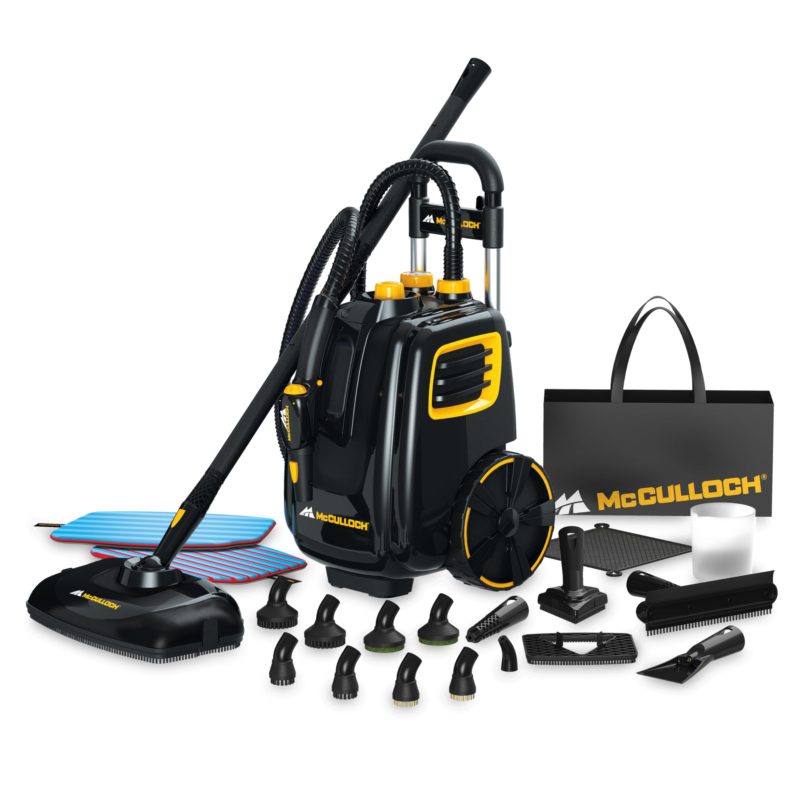 McCulloch MC1385 Deluxe Canister Steam Cleaner, 2-Hour Runtime, Chemical-Free, 23 Accessories: Mop Head, Brushes & More - Built for Home, Tile, Carpet