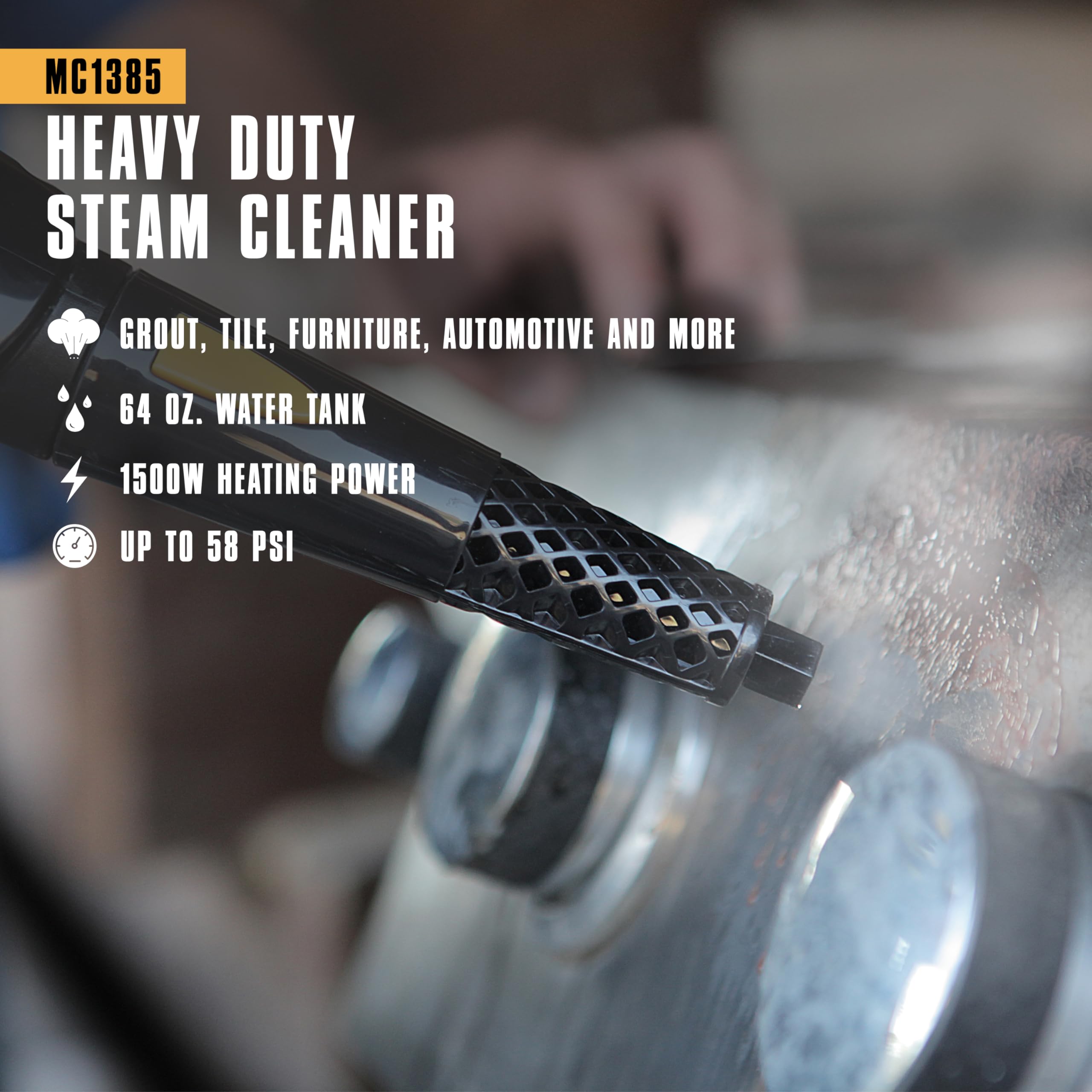 McCulloch MC1385 Deluxe Canister Steam Cleaner, 2-Hour Runtime, Chemical-Free, 23 Accessories: Mop Head, Brushes & More - Built for Home, Tile, Carpet detail view 2