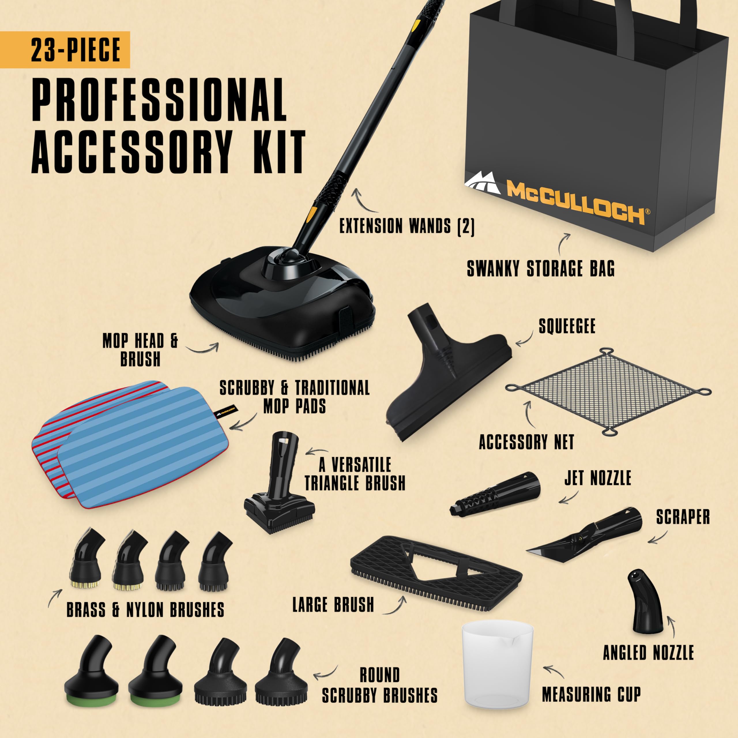 McCulloch MC1385 Deluxe Canister Steam Cleaner, 2-Hour Runtime, Chemical-Free, 23 Accessories: Mop Head, Brushes & More - Built for Home, Tile, Carpet detail view 3