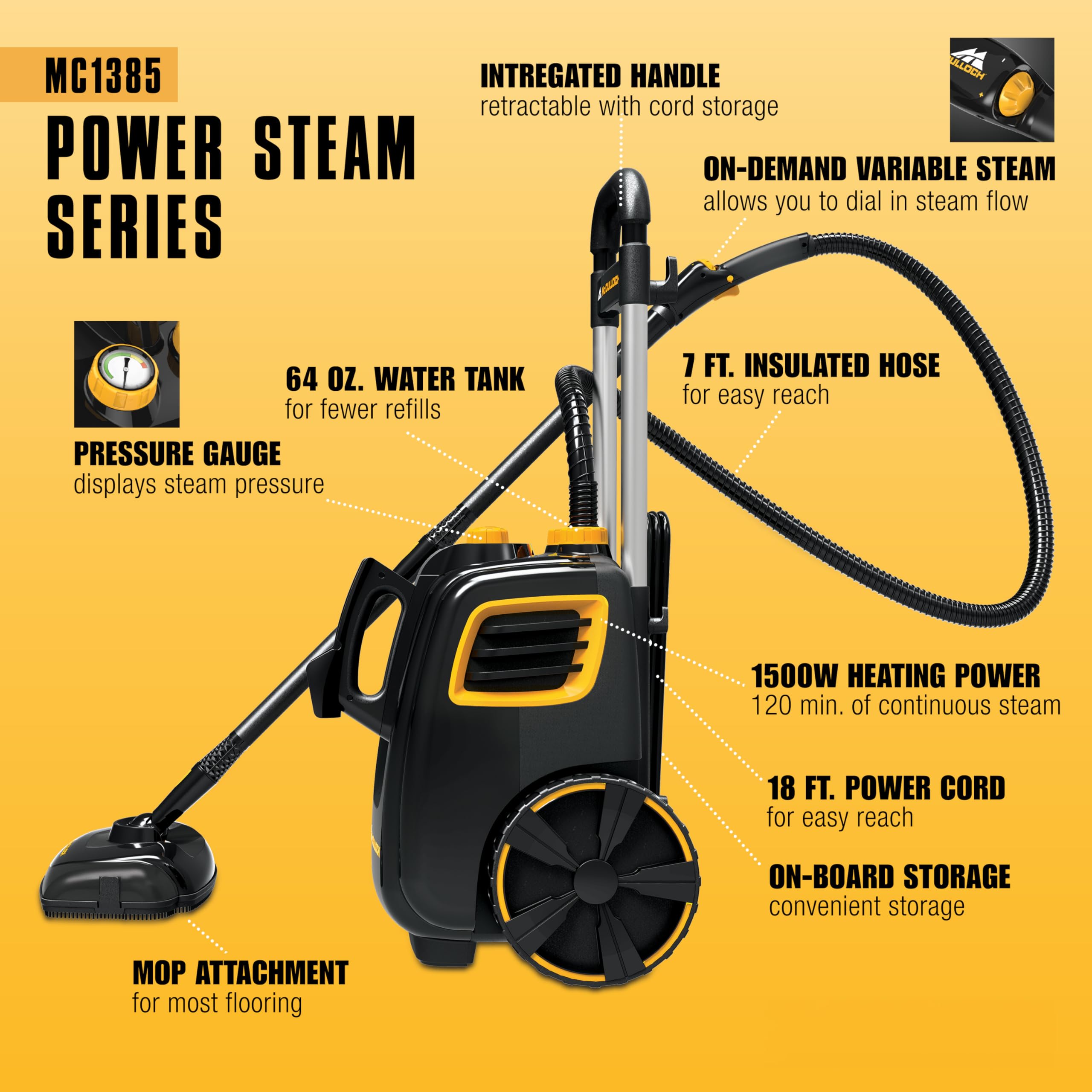 McCulloch MC1385 Deluxe Canister Steam Cleaner, 2-Hour Runtime, Chemical-Free, 23 Accessories: Mop Head, Brushes & More - Built for Home, Tile, Carpet detail view 4