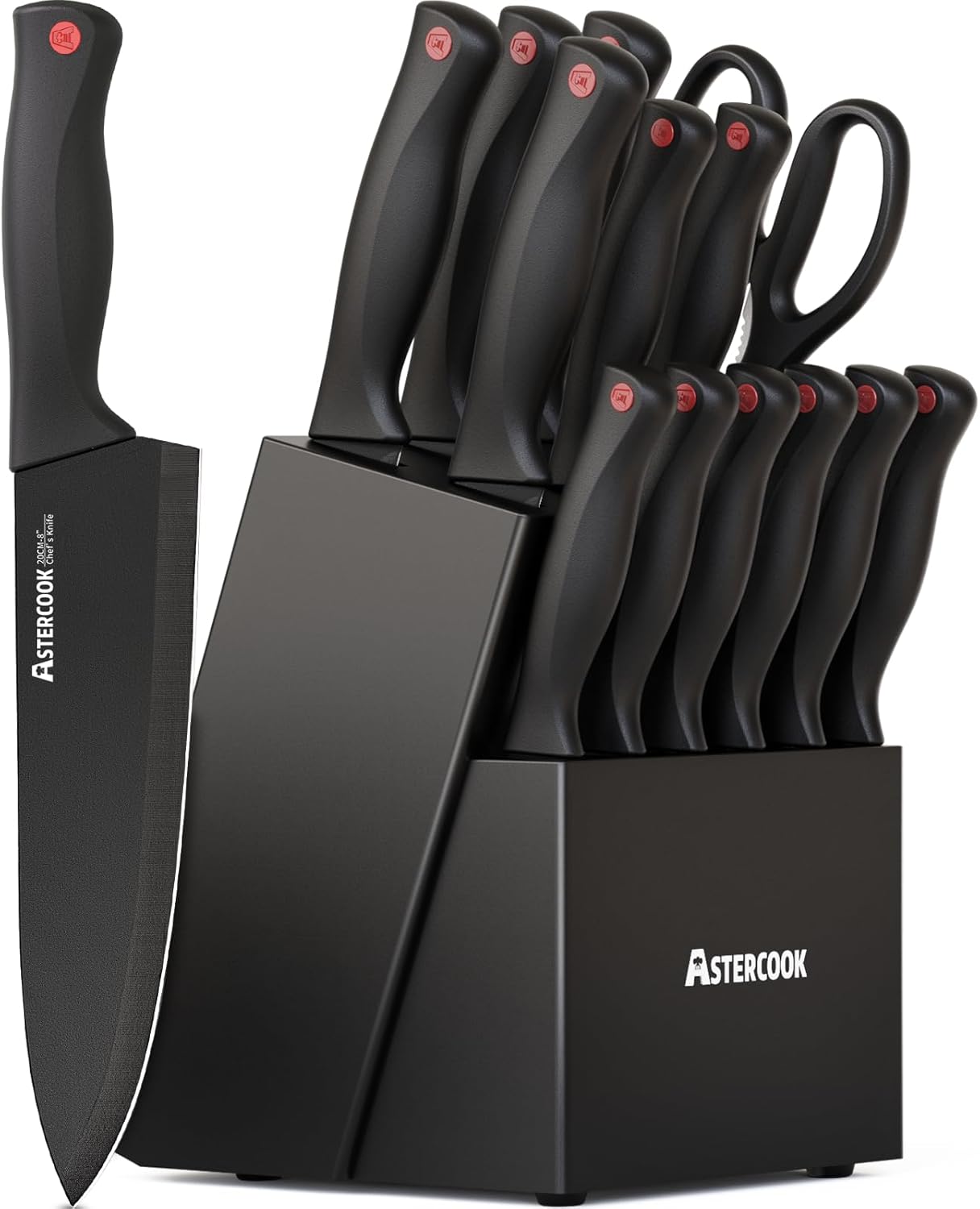 Knife Set, Astercook 15 Pieces Knife Sets for Kitchen with Block, Dishwasher