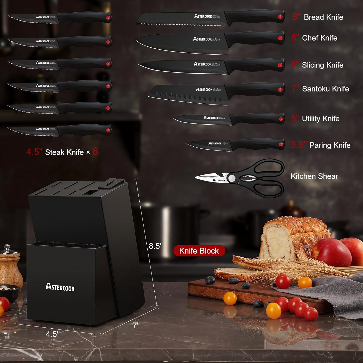 Knife Set, Astercook 15 Pieces Knife Sets for Kitchen with Block, Dishwasher - View 3