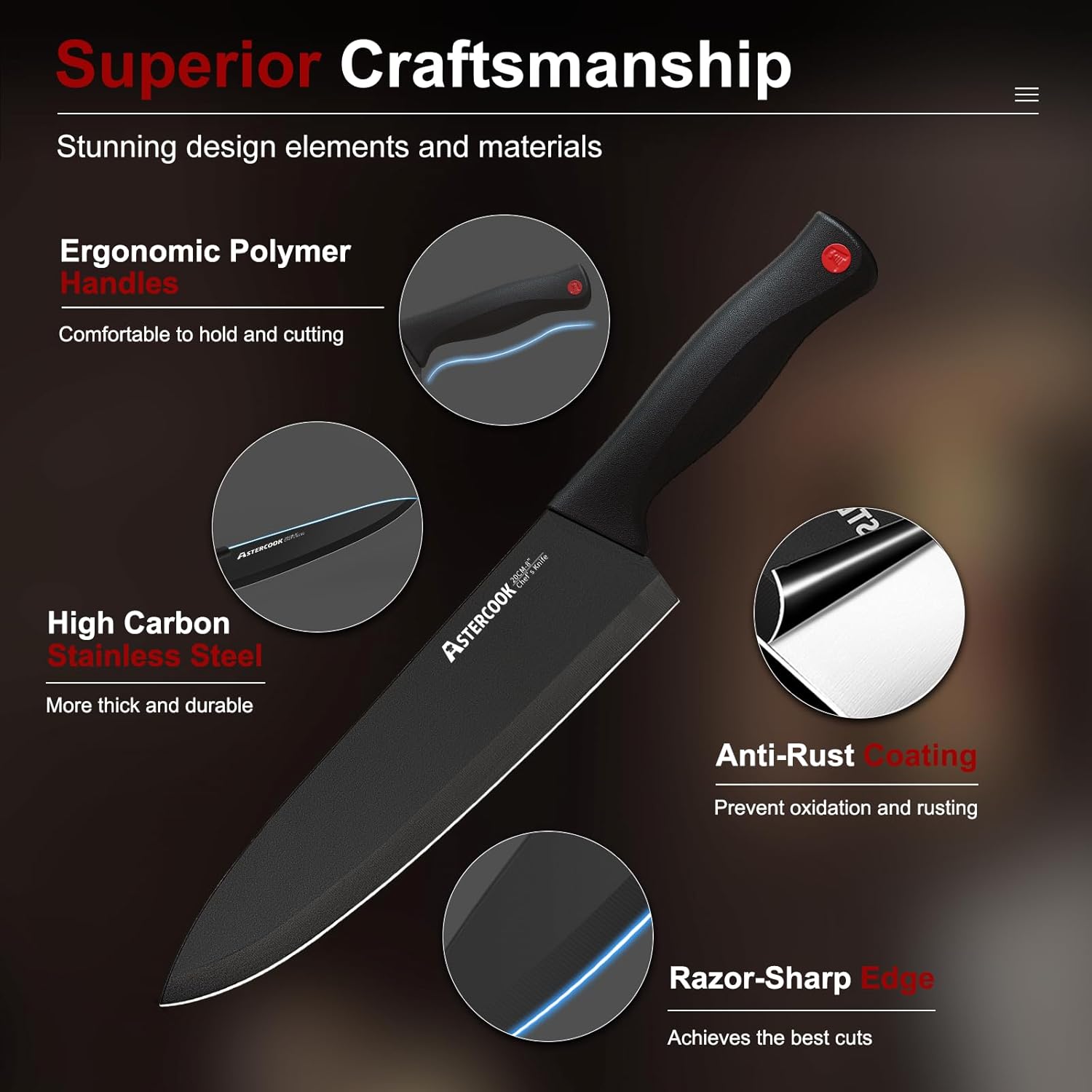 Knife Set, Astercook 15 Pieces Knife Sets for Kitchen with Block, Dishwasher - View 4