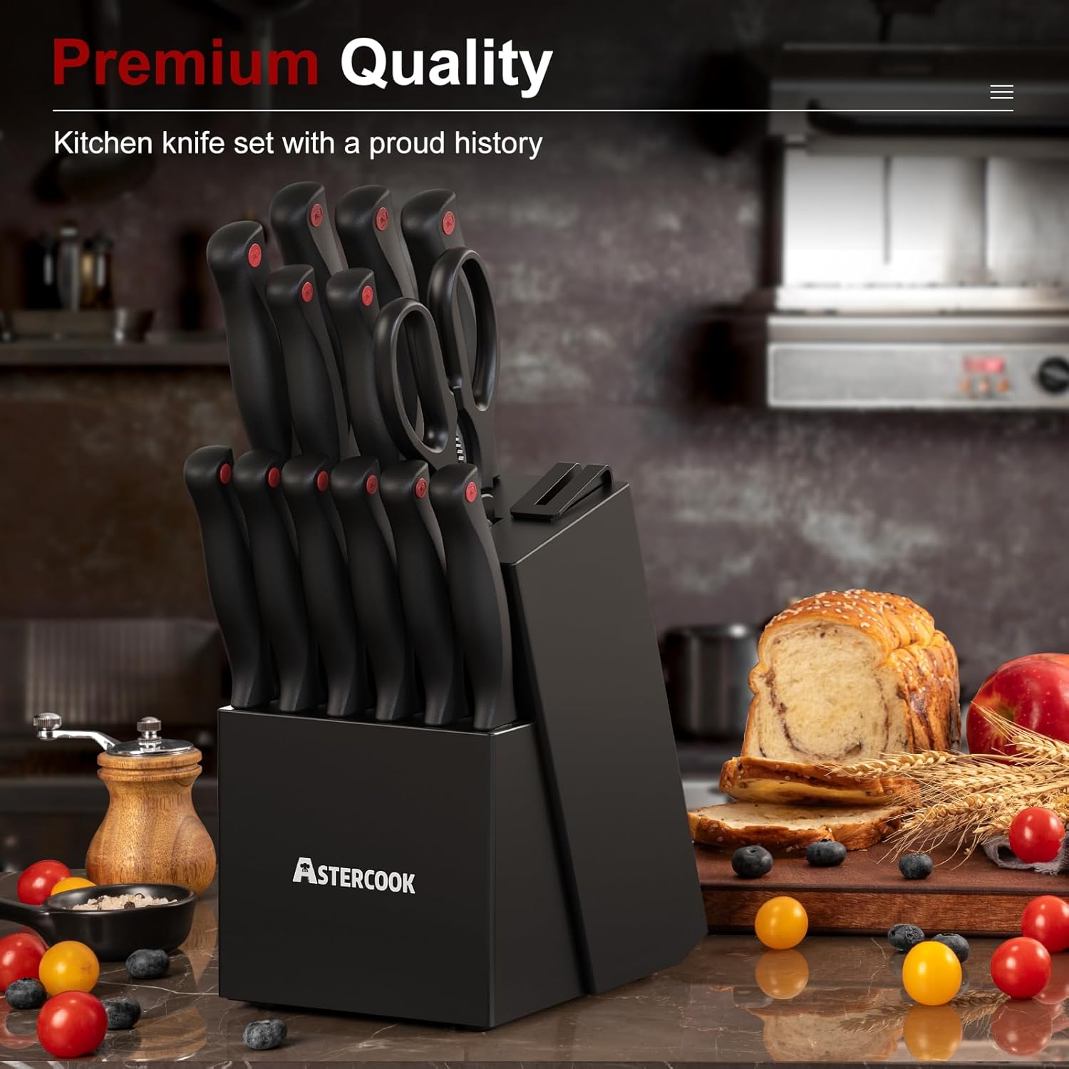 Knife Set, Astercook 15 Pieces Knife Sets for Kitchen with Block, Dishwasher - View 5