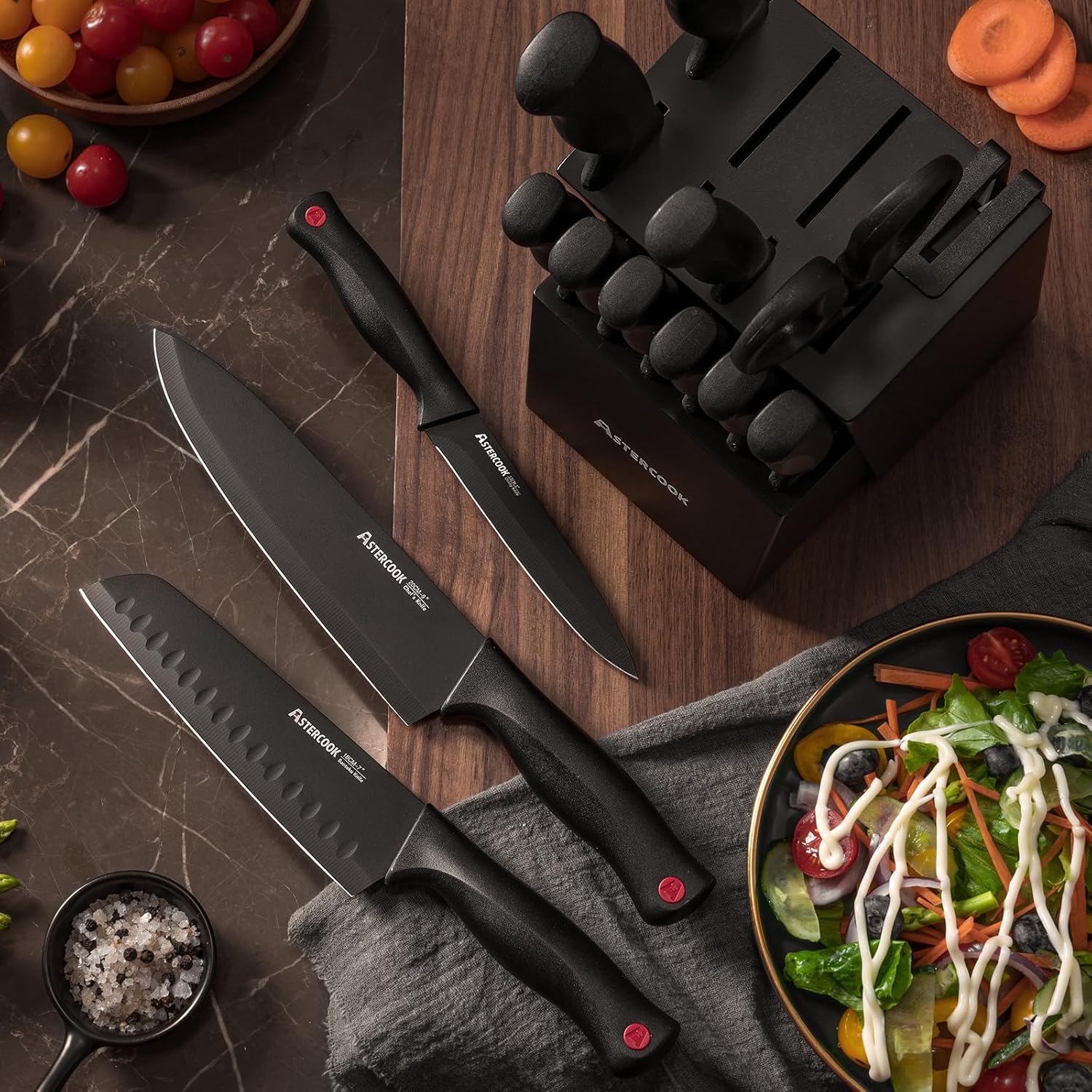 Knife Set, Astercook 15 Pieces Knife Sets for Kitchen with Block, Dishwasher - View 6