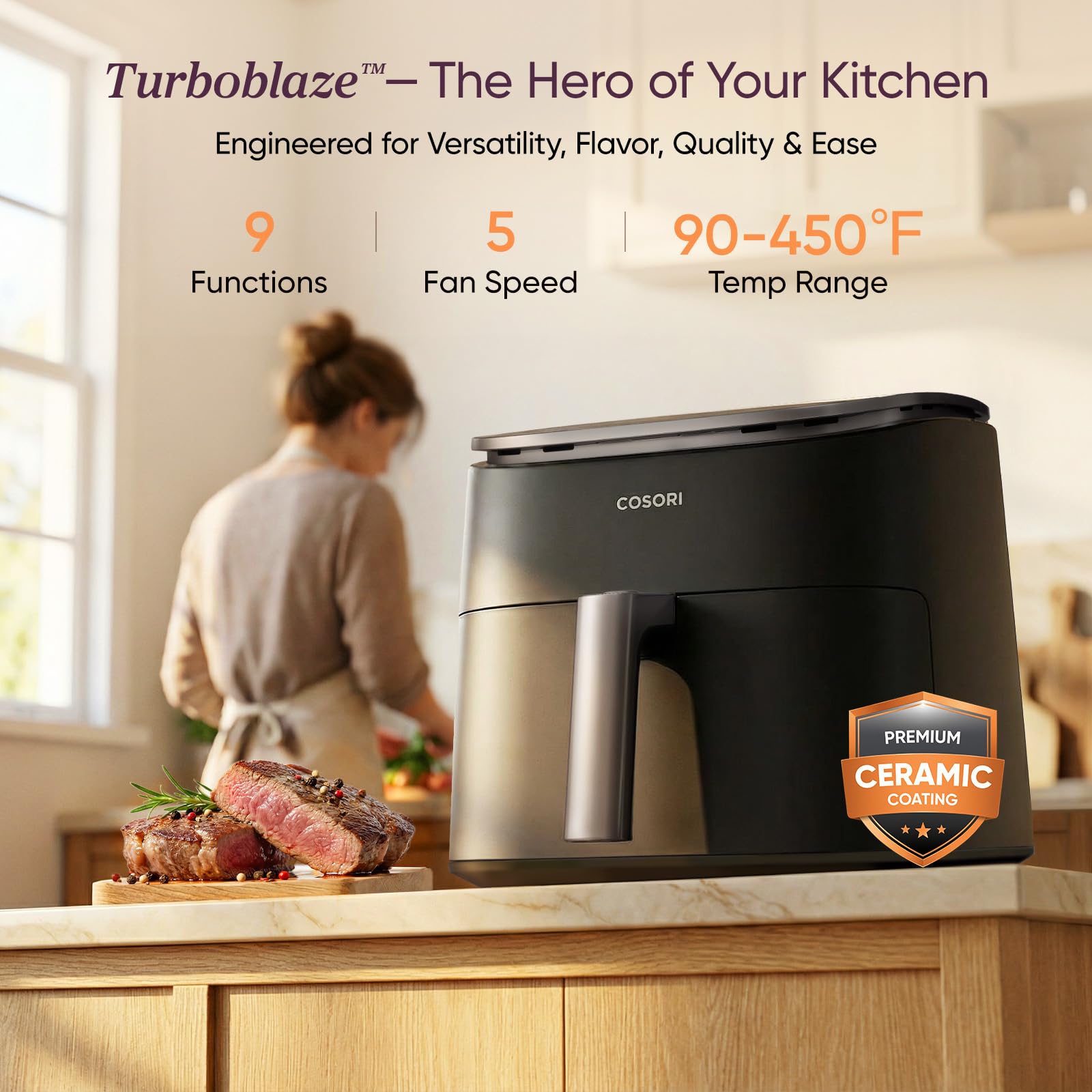 Cosori 9-in-1 TurboBlaze Air Fryer 6 Qt, PFAS-Free Ceramic Coating, 90°-450°F, Precise Heating for Even Results, Air Fry, Roast, Bake, Broil, Dry, Fro detail view 2
