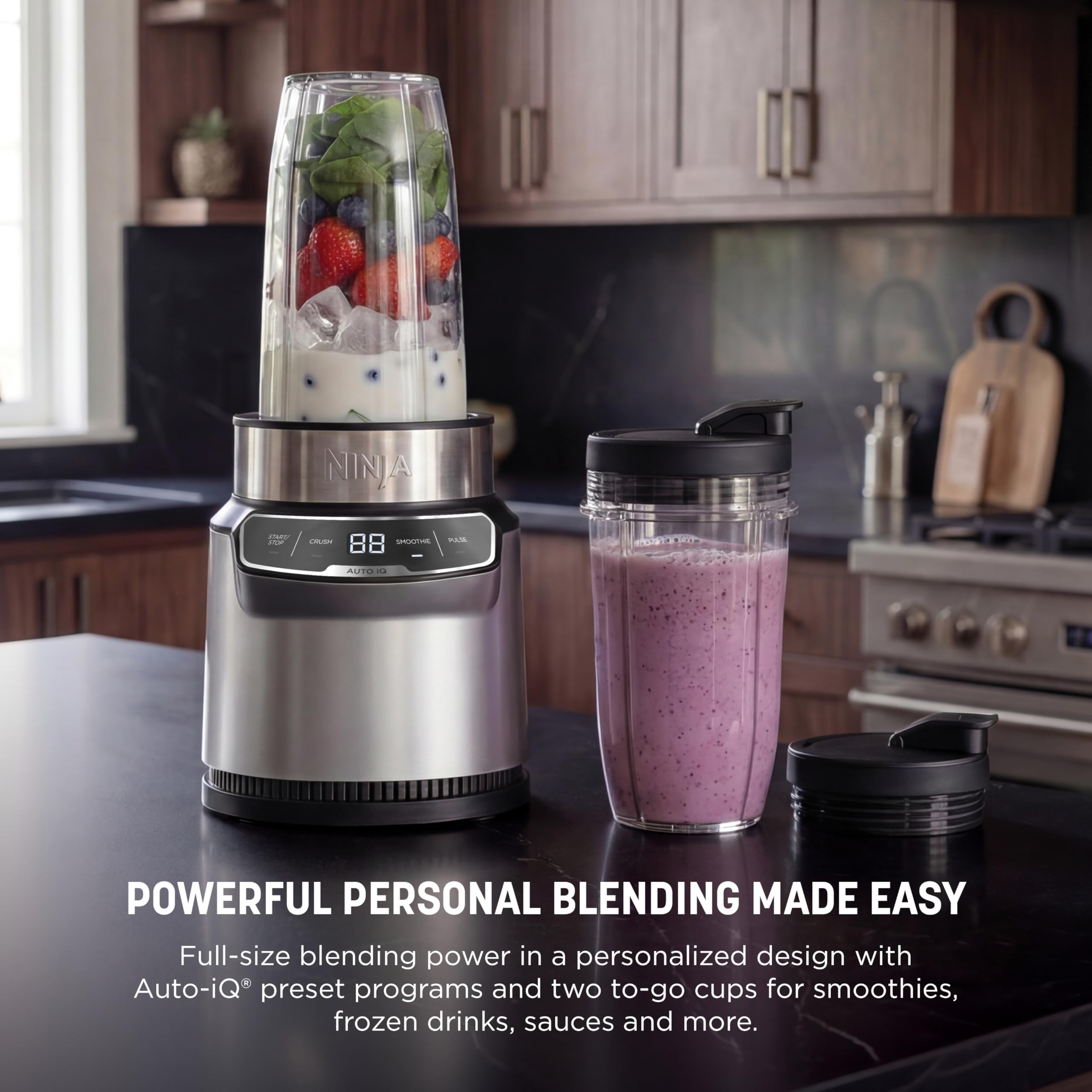 Ninja Nutri-Blender Pro with Auto-iQ | For Smoothies, Shakes, Frozen Drinks, Salsa, Dips | (2) 24-oz. To-Go Cups & Spout Lids | 1100-Peak-Watt | Silve detail view 2