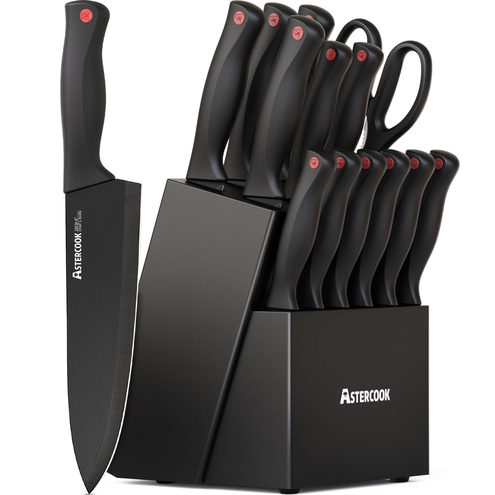 Knife Set, Astercook 15 Pieces Knife Sets for Kitchen with Block, Dishwasher Safe Kitchen Knife Set with Built in Sharpener Block, German Stainless St