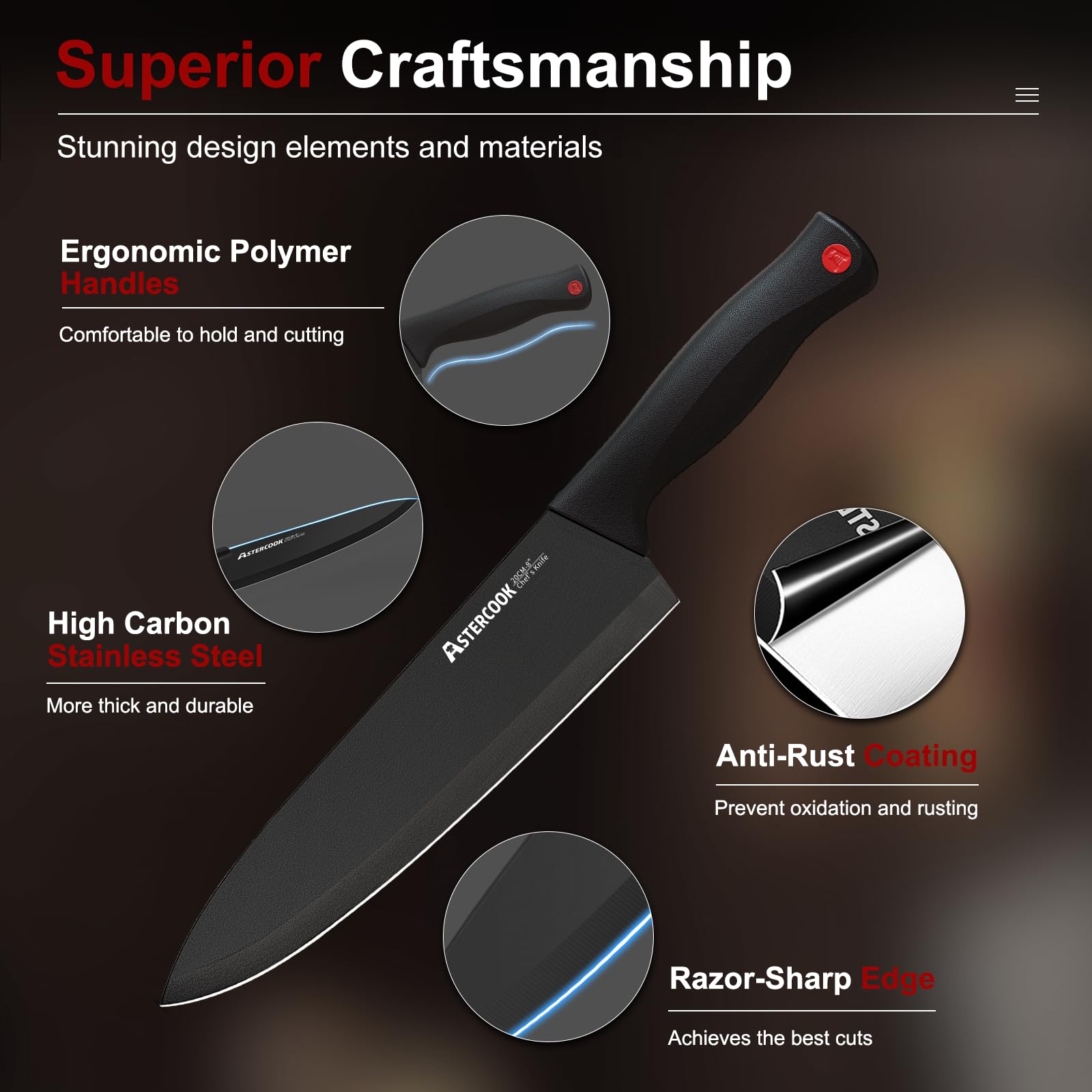 Knife Set, Astercook 15 Pieces Knife Sets for Kitchen with Block, Dishwasher Safe Kitchen Knife Set with Built in Sharpener Block, German Stainless St detail view 3