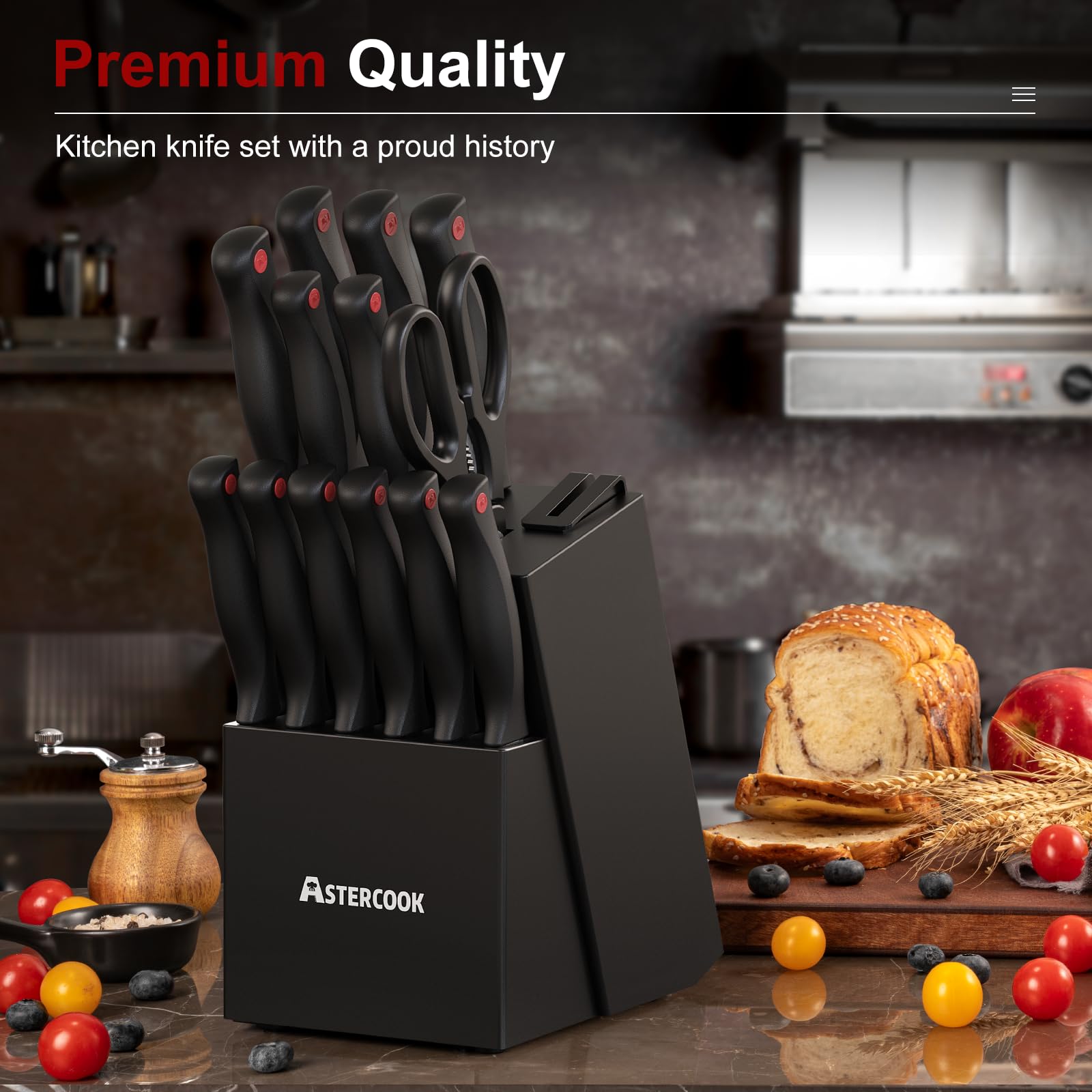 Knife Set, Astercook 15 Pieces Knife Sets for Kitchen with Block, Dishwasher Safe Kitchen Knife Set with Built in Sharpener Block, German Stainless St detail view 5