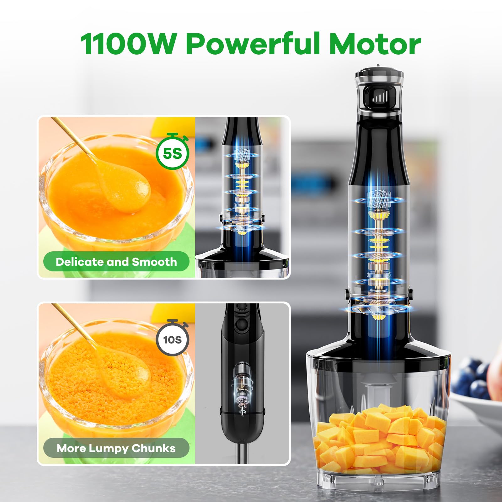 Turelar Immersion Blender Handheld Corded Hand Blenders Set 1100W, Trigger Variable Speed 5 in 1 Stick Emulsifier with Chopper, Whisk and Frother for detail view 2
