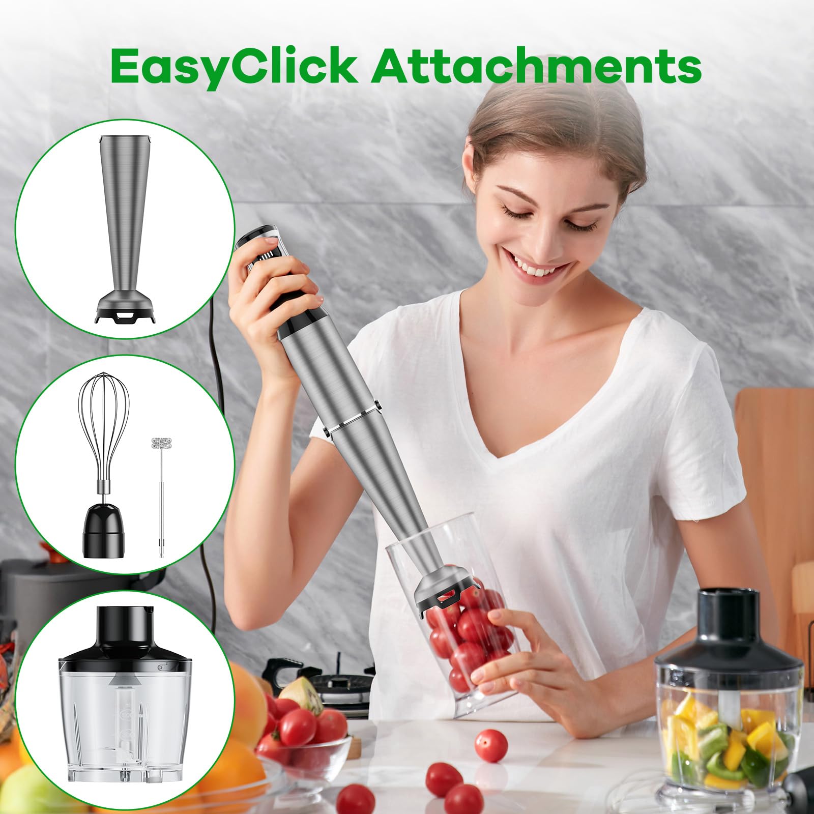 Turelar Immersion Blender Handheld Corded Hand Blenders Set 1100W, Trigger Variable Speed 5 in 1 Stick Emulsifier with Chopper, Whisk and Frother for detail view 4