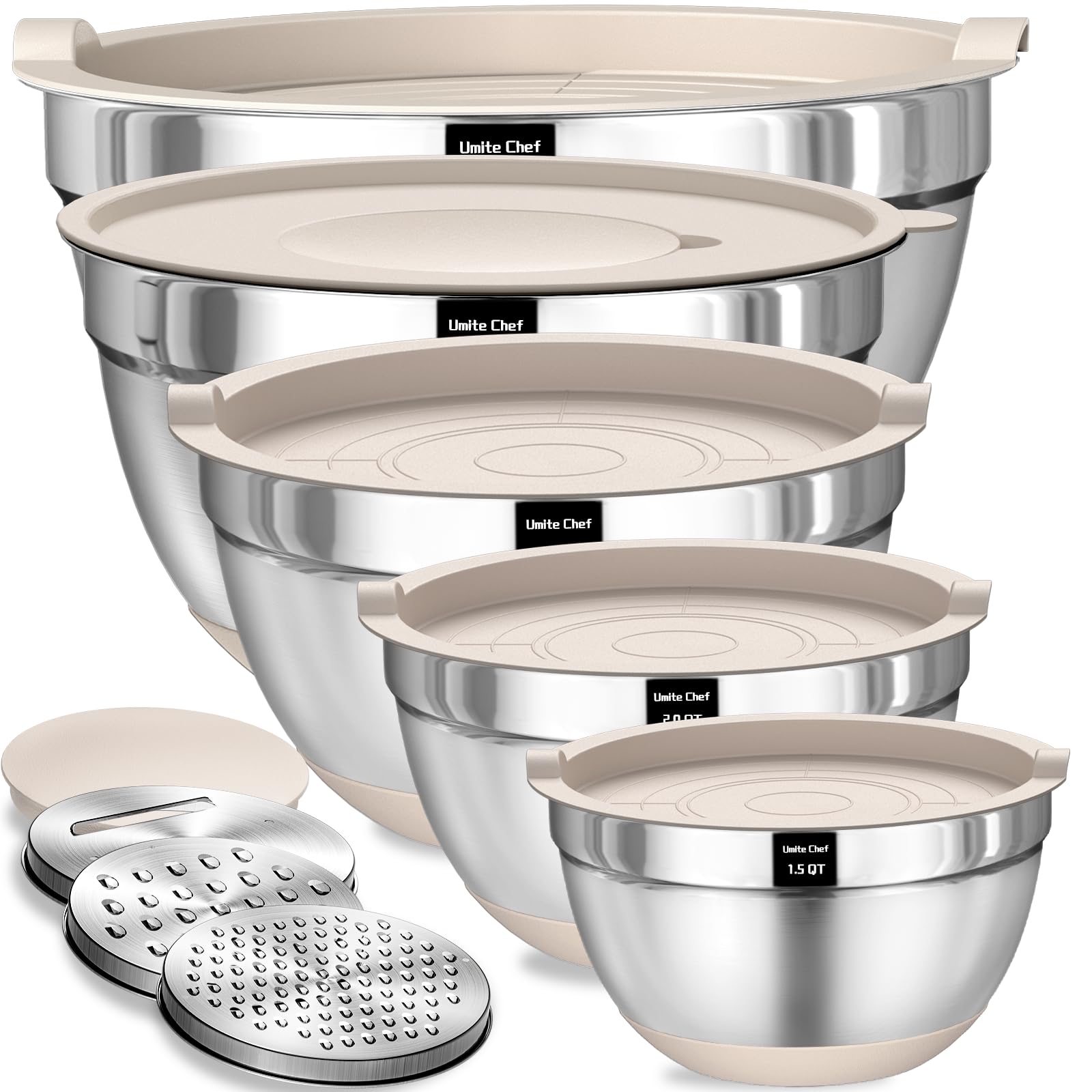 Umite Chef Mixing Bowls with Airtight Lids Set, 8PCS Stainless Steel Nesting Bowls with Grater Attachments, Non-Slip Bottoms, 5, 4, 3.5, 2, 1.5QT for