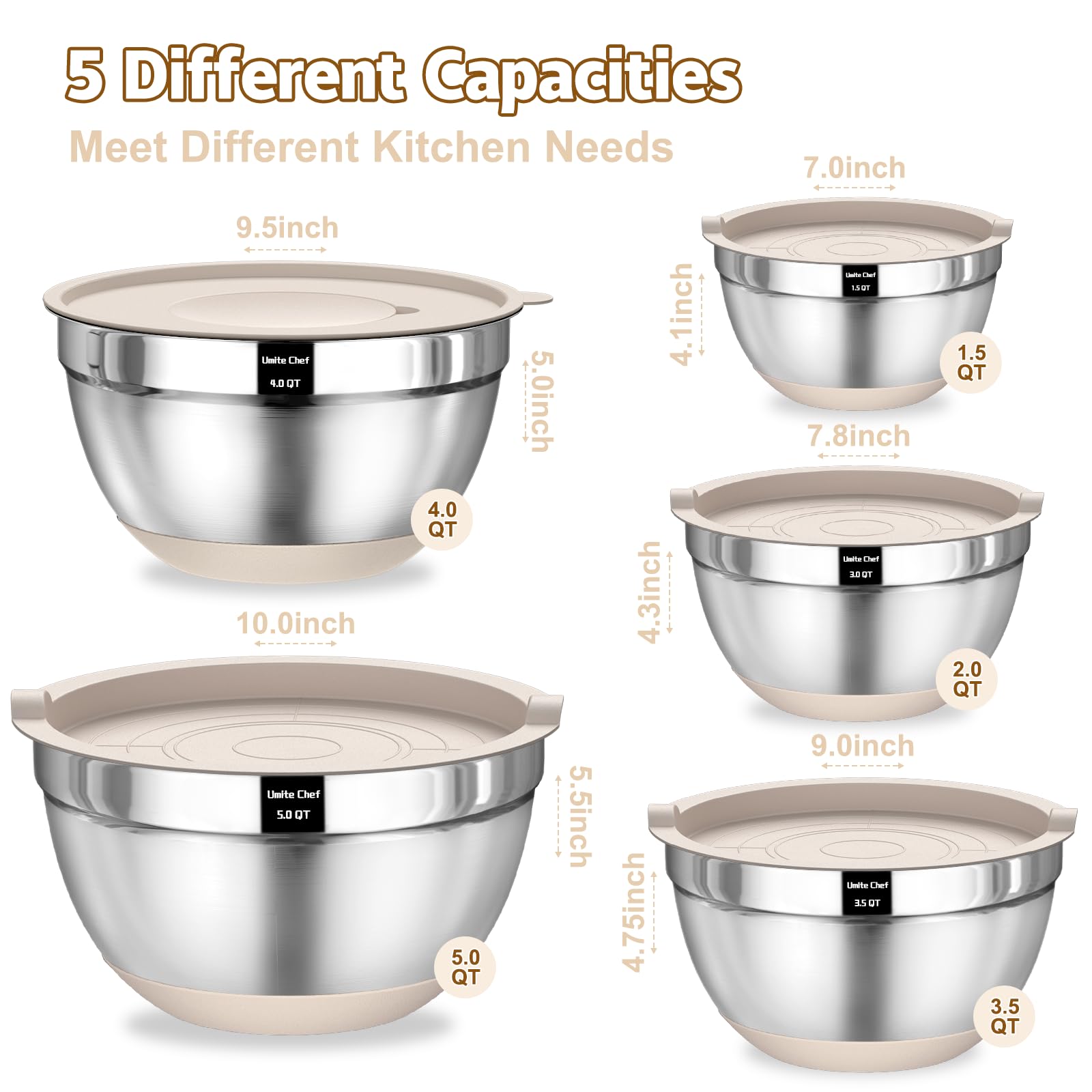 Umite Chef Mixing Bowls with Airtight Lids Set, 8PCS Stainless Steel Nesting Bowls with Grater Attachments, Non-Slip Bottoms, 5, 4, 3.5, 2, 1.5QT for detail view 2
