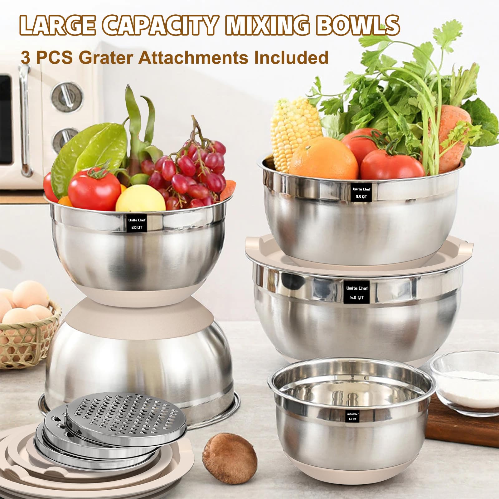 Umite Chef Mixing Bowls with Airtight Lids Set, 8PCS Stainless Steel Nesting Bowls with Grater Attachments, Non-Slip Bottoms, 5, 4, 3.5, 2, 1.5QT for detail view 5