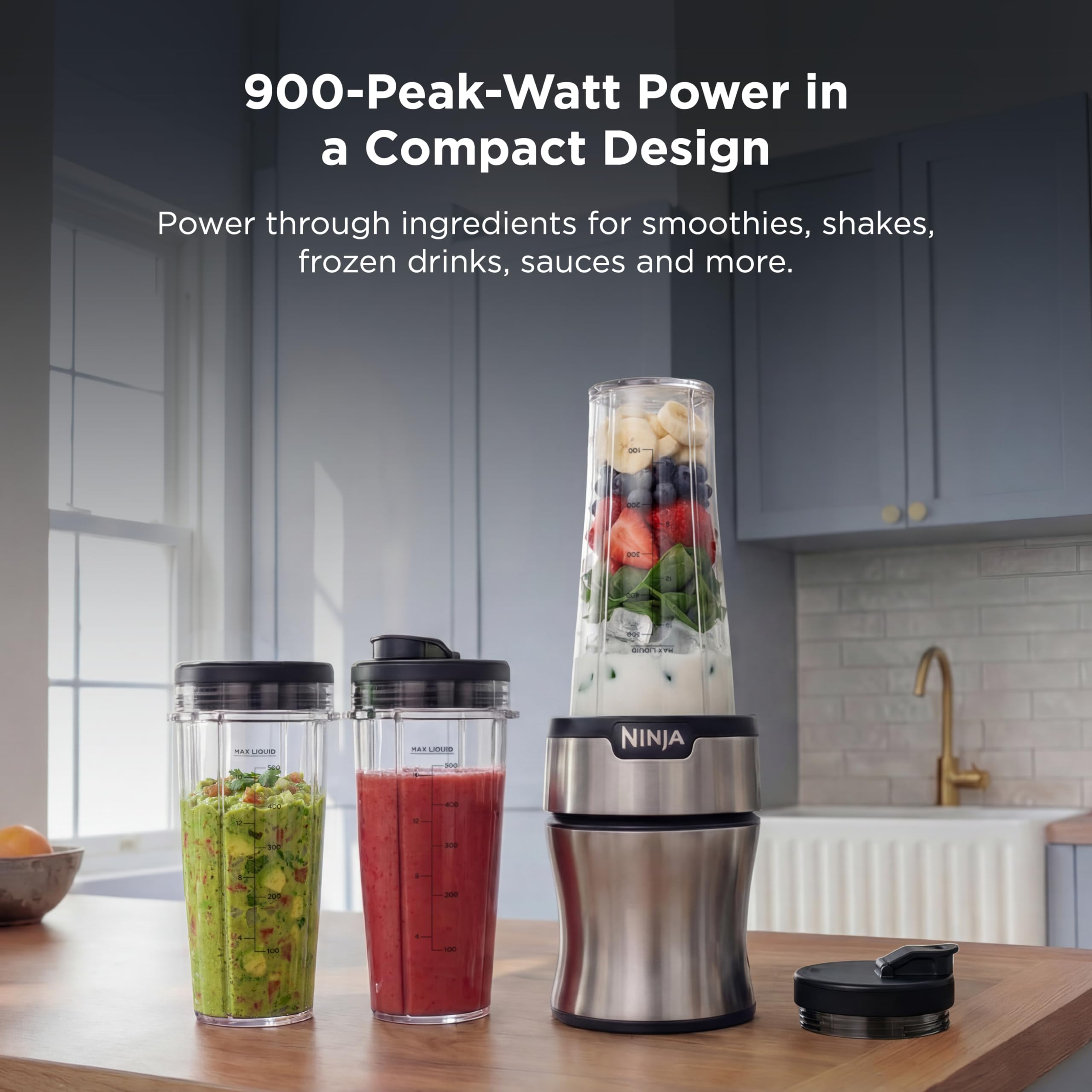 Ninja Nutri-Plus Personal Blender | Compact Push to Blend | Make Frozen Drinks, Smoothies, Sauces & More | With (3) 20 oz. To-Go Cups, (2) Spout-Lids detail view 2