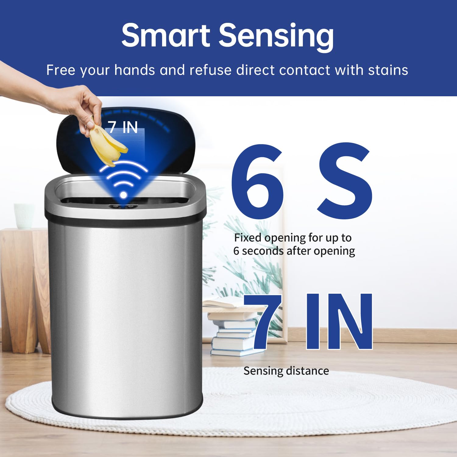 BestOffice | 13 Gallon Trash Can with Lid | Automatic Touchless Garbage Can | Odor Control | Modern Oval Design | Easy to Clean | Stainless Steel | Fi detail view 2