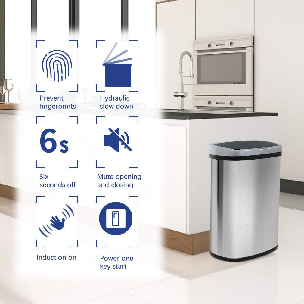 BestOffice | 13 Gallon Trash Can with Lid | Automatic Touchless Garbage Can | Odor Control | Modern Oval Design | Easy to Clean | Stainless Steel | Fi detail view 3