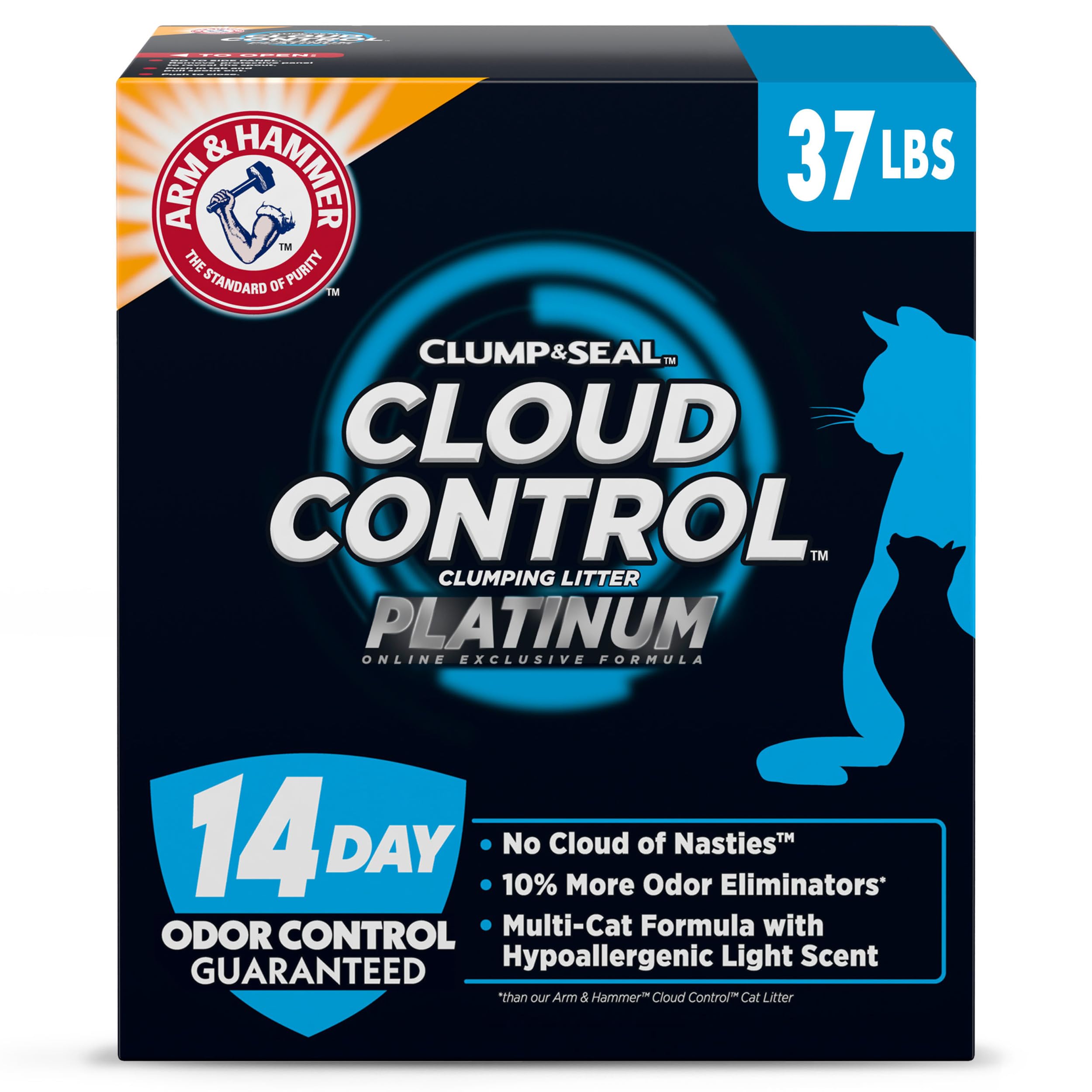 ARM & HAMMER Cloud Control Platinum Cat Litter, Multi-Cat Clumping Litter, Hypoallergenic and Dust-Free, 14-Day Odor Control, 37 lbs