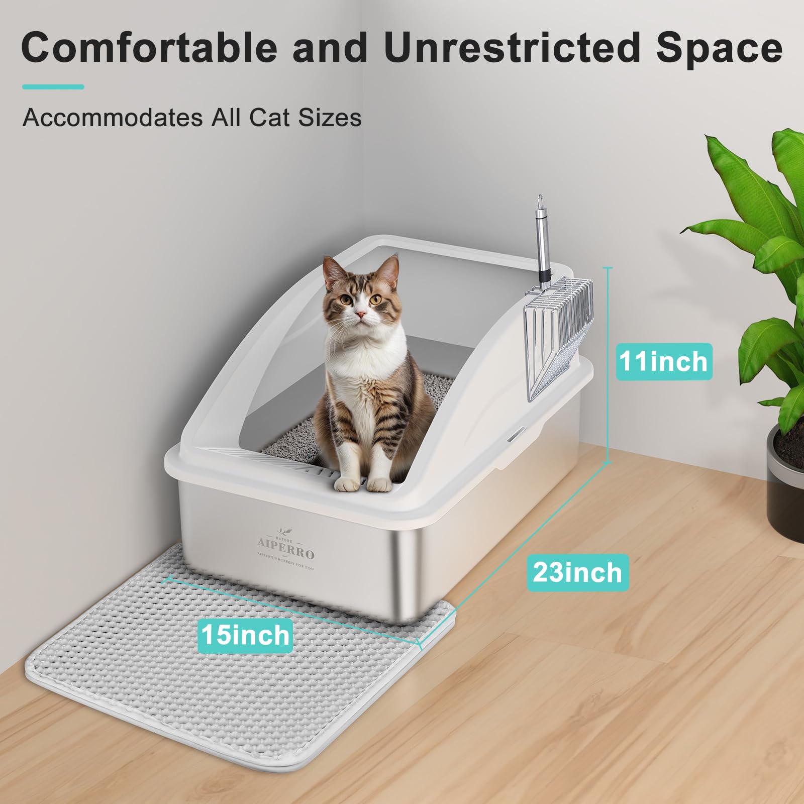 Stainless Steel Litter Box | XL Enclosed Cat Litter Boxes with Lid for Big Cats | High Sided, Anti-Urine Leakage | Non-Stick Bottom & Includes Litter detail view 4