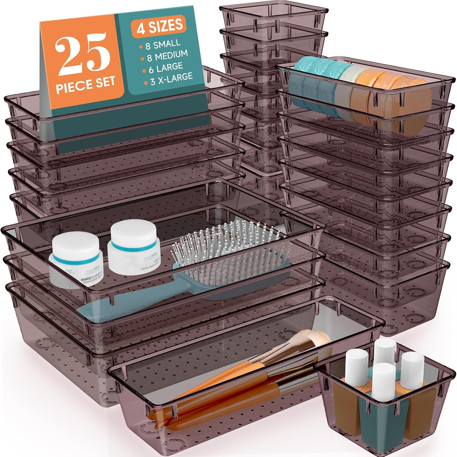 WOWBOX 25 PCS Clear Plastic Drawer Organizer Set, 4 Sizes Desk Drawer Divider