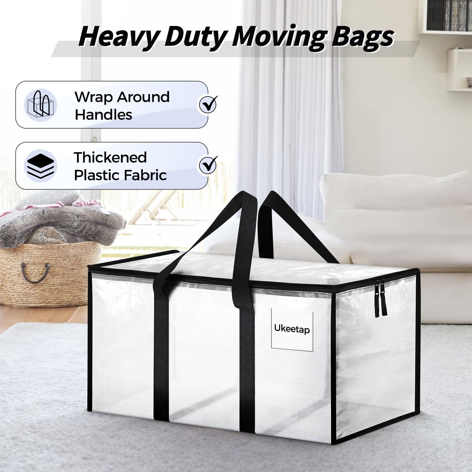 8 Pack Extra Large Heavy Duty Moving Bags, Clear Storage Bins with Lids, Reinforced Handles & Heavy-Duty Zippers Moving Boxes Storage Bags Totes for C detail view 4