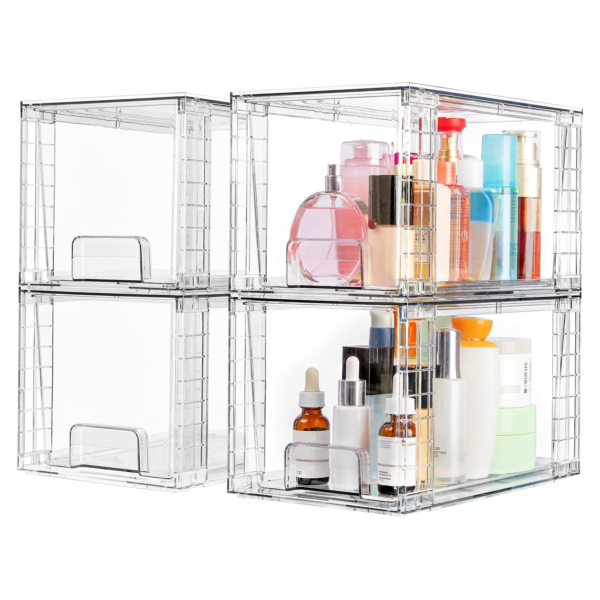 Vtopmart 4 Pack Large Stackable Storage Drawers,Easily Assemble Acrylic Bathroom Closet Undersink Organizers and Storage,Plastic Bins for Kitchen Cabi