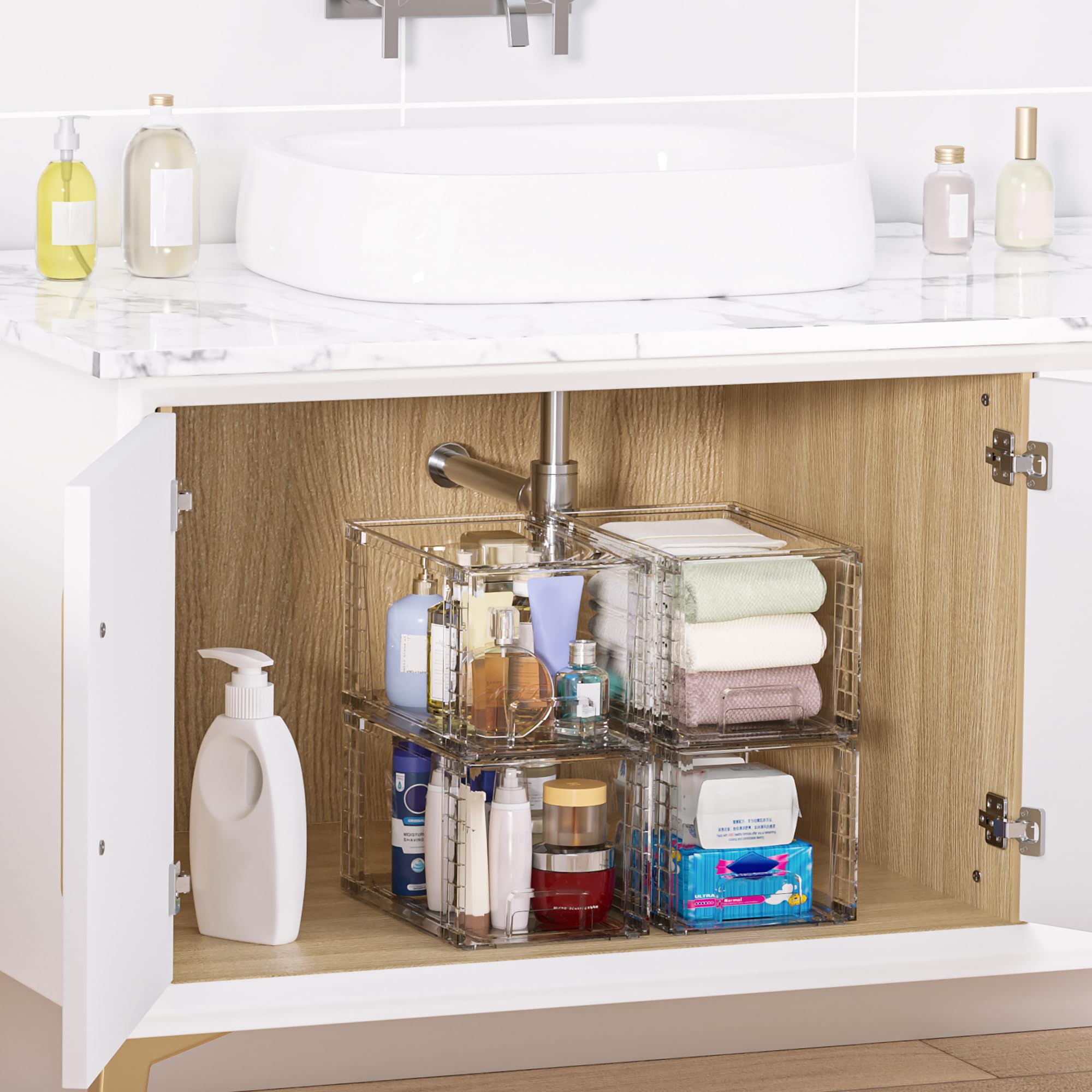Vtopmart 4 Pack Large Stackable Storage Drawers,Easily Assemble Acrylic Bathroom Closet Undersink Organizers and Storage,Plastic Bins for Kitchen Cabi detail view 2