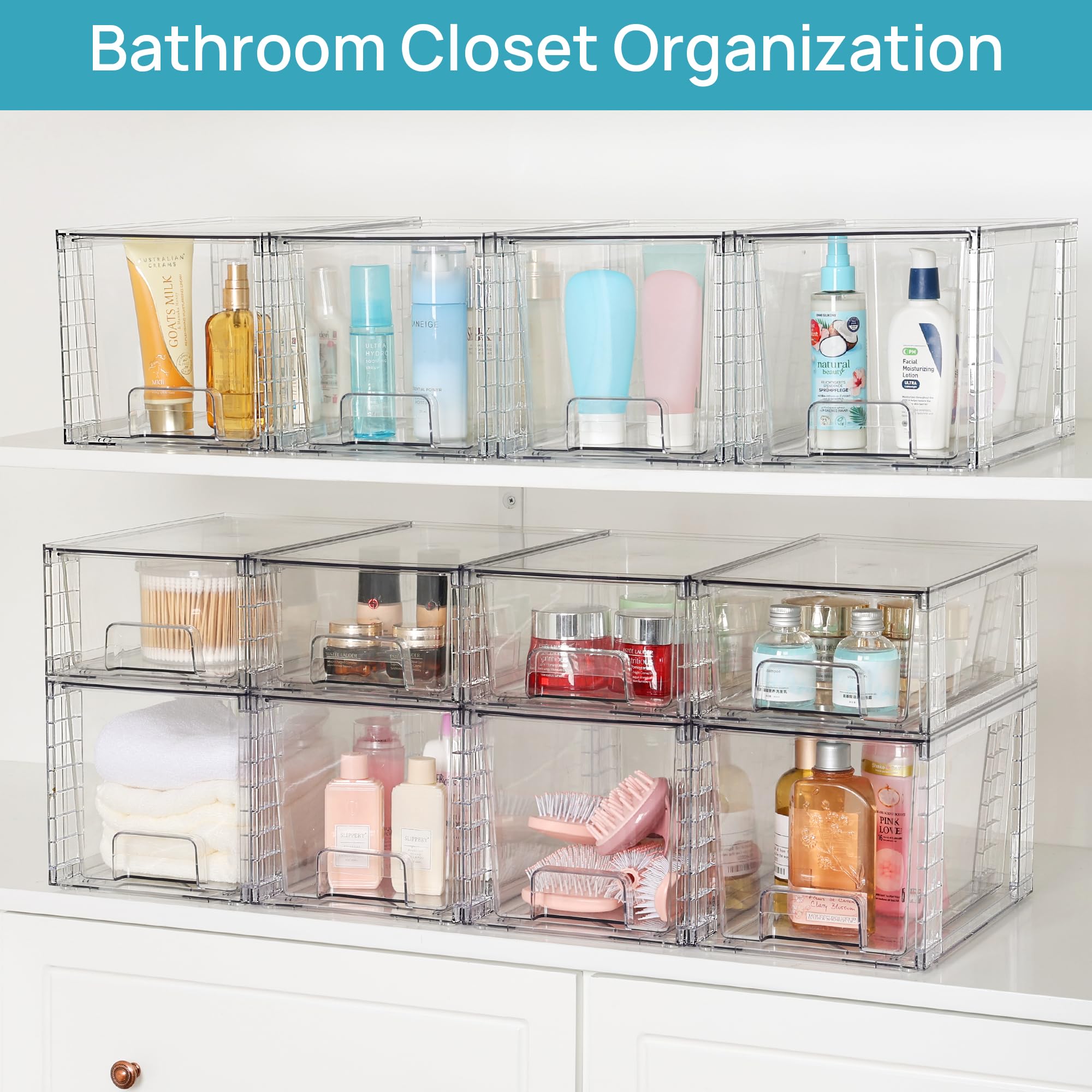 Vtopmart 4 Pack Large Stackable Storage Drawers,Easily Assemble Acrylic Bathroom Closet Undersink Organizers and Storage,Plastic Bins for Kitchen Cabi detail view 5