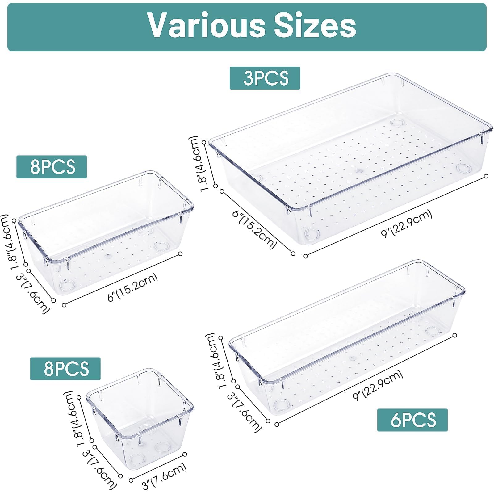 WOWBOX 25 PCS Clear Plastic Drawer Organizer Set, 4 Sizes Desk Drawer Divider Organizers and Storage Bins for Makeup, Jewelry, Gadgets for Kitchen, Be detail view 2