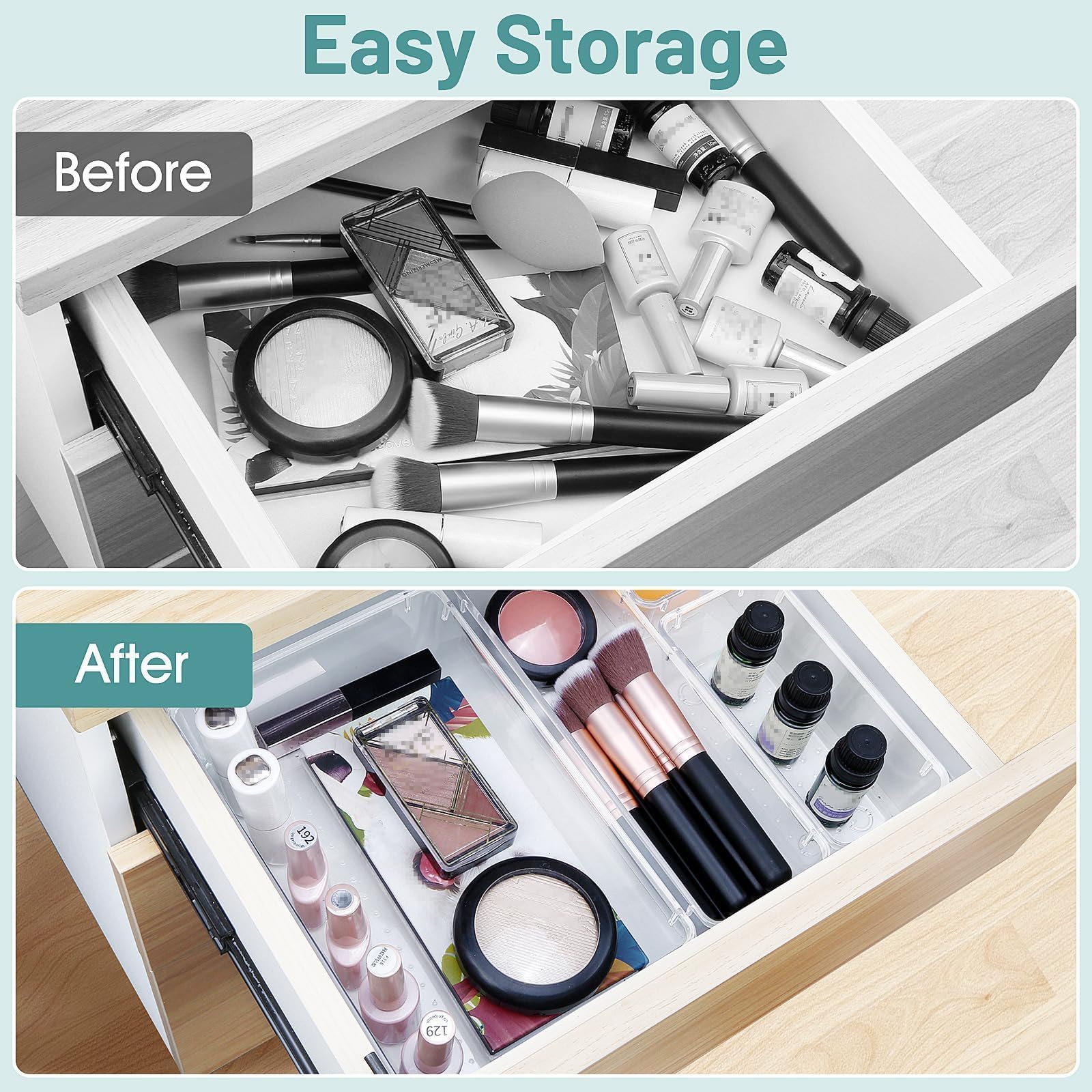 WOWBOX 25 PCS Clear Plastic Drawer Organizer Set, 4 Sizes Desk Drawer Divider Organizers and Storage Bins for Makeup, Jewelry, Gadgets for Kitchen, Be detail view 4