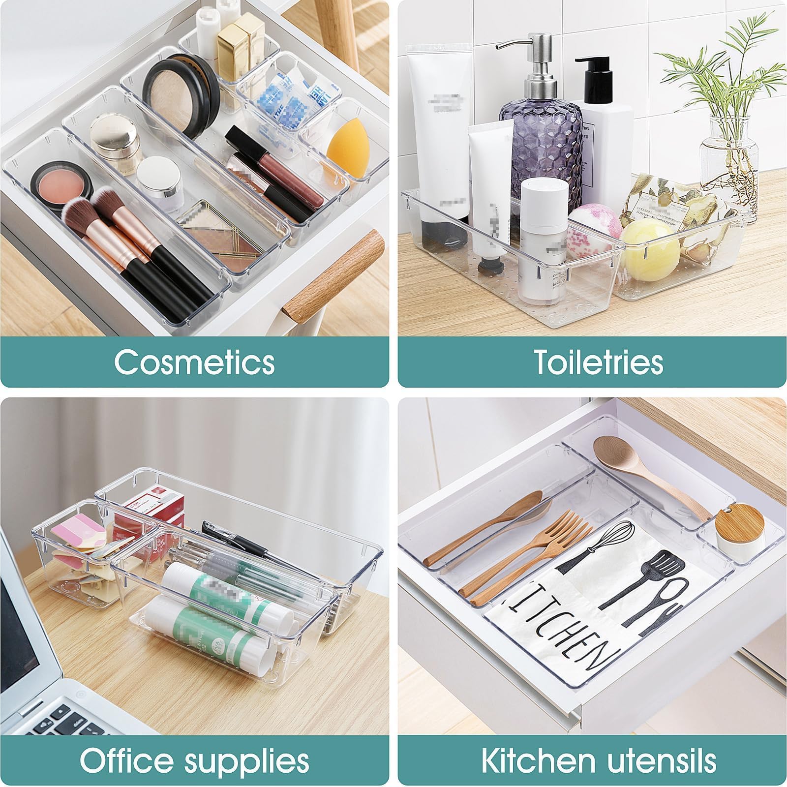 WOWBOX 25 PCS Clear Plastic Drawer Organizer Set, 4 Sizes Desk Drawer Divider Organizers and Storage Bins for Makeup, Jewelry, Gadgets for Kitchen, Be detail view 5