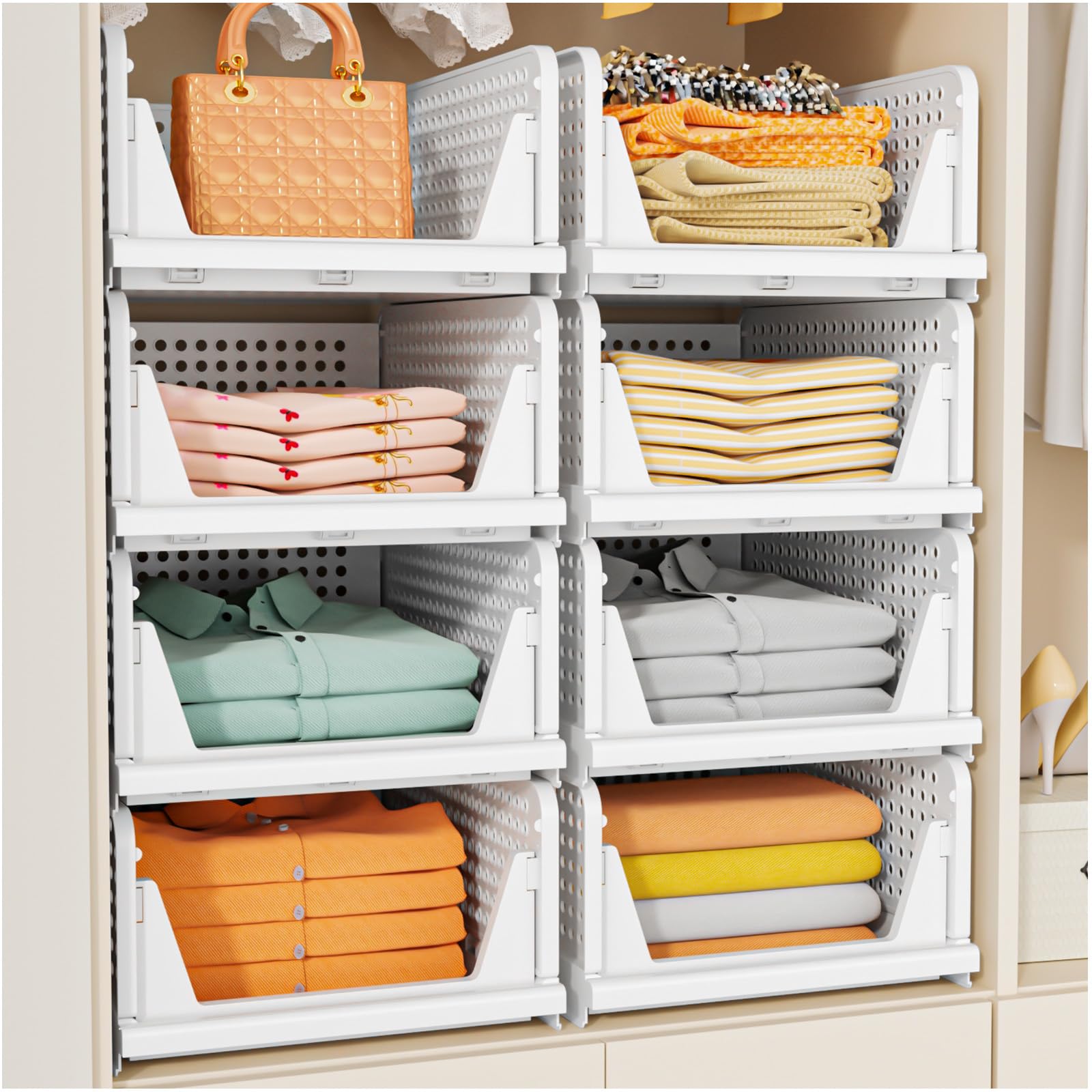 SNSLXH 5 Pack Stackable Closet Storage Basket, Multifunctional & Foldable Closet Organizer for Bathroom Kitchen Laundry Room Wardrobe Storage, Space-S