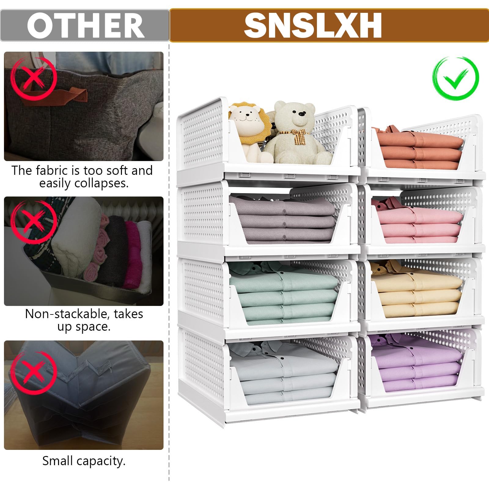 SNSLXH 5 Pack Stackable Closet Storage Basket, Multifunctional & Foldable Closet Organizer for Bathroom Kitchen Laundry Room Wardrobe Storage, Space-S detail view 2