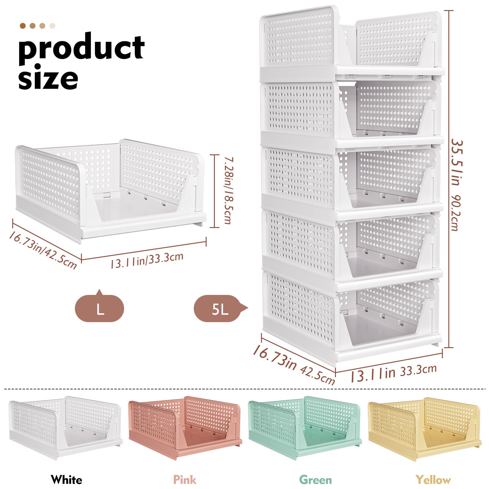 SNSLXH 5 Pack Stackable Closet Storage Basket, Multifunctional & Foldable Closet Organizer for Bathroom Kitchen Laundry Room Wardrobe Storage, Space-S detail view 3