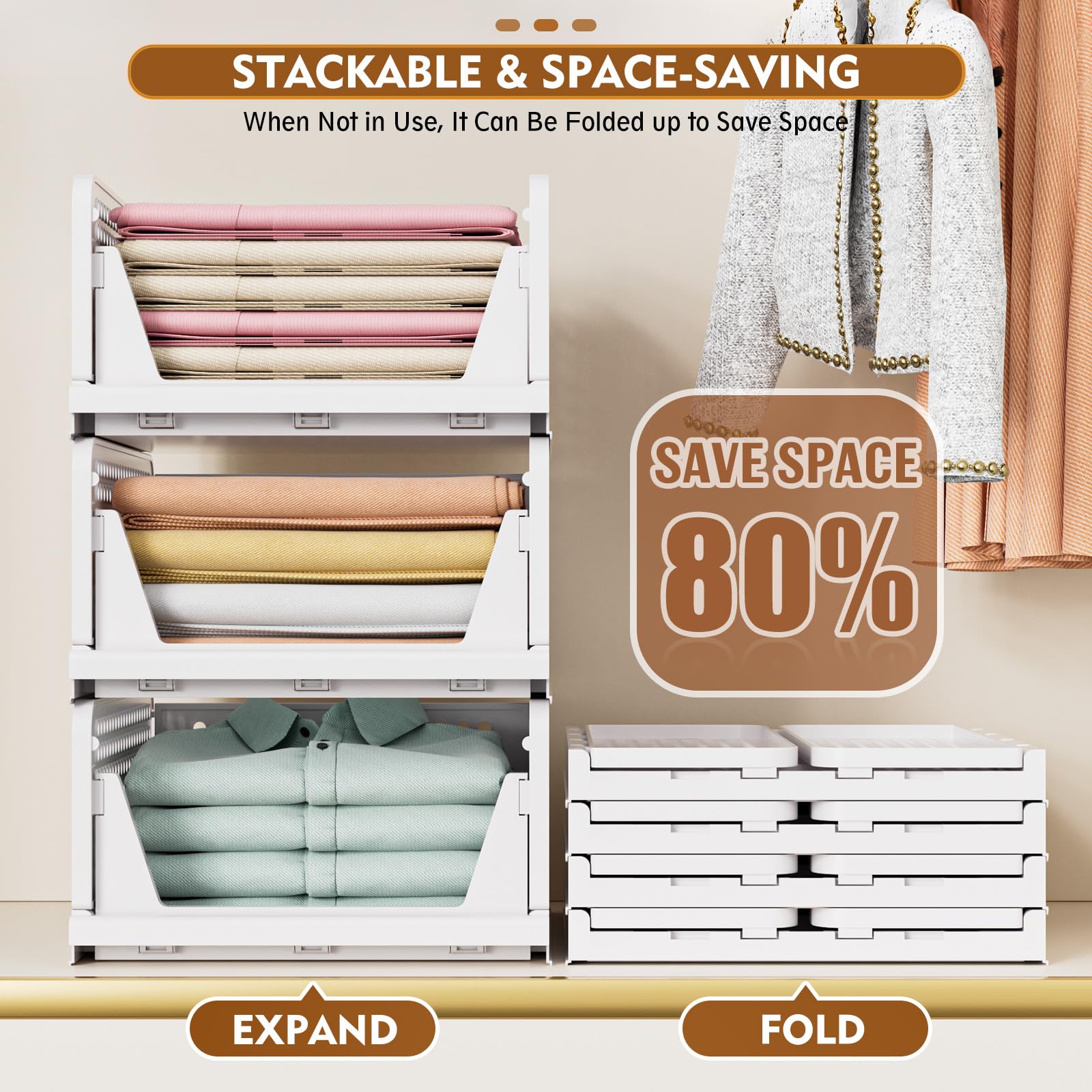 SNSLXH 5 Pack Stackable Closet Storage Basket, Multifunctional & Foldable Closet Organizer for Bathroom Kitchen Laundry Room Wardrobe Storage, Space-S detail view 5