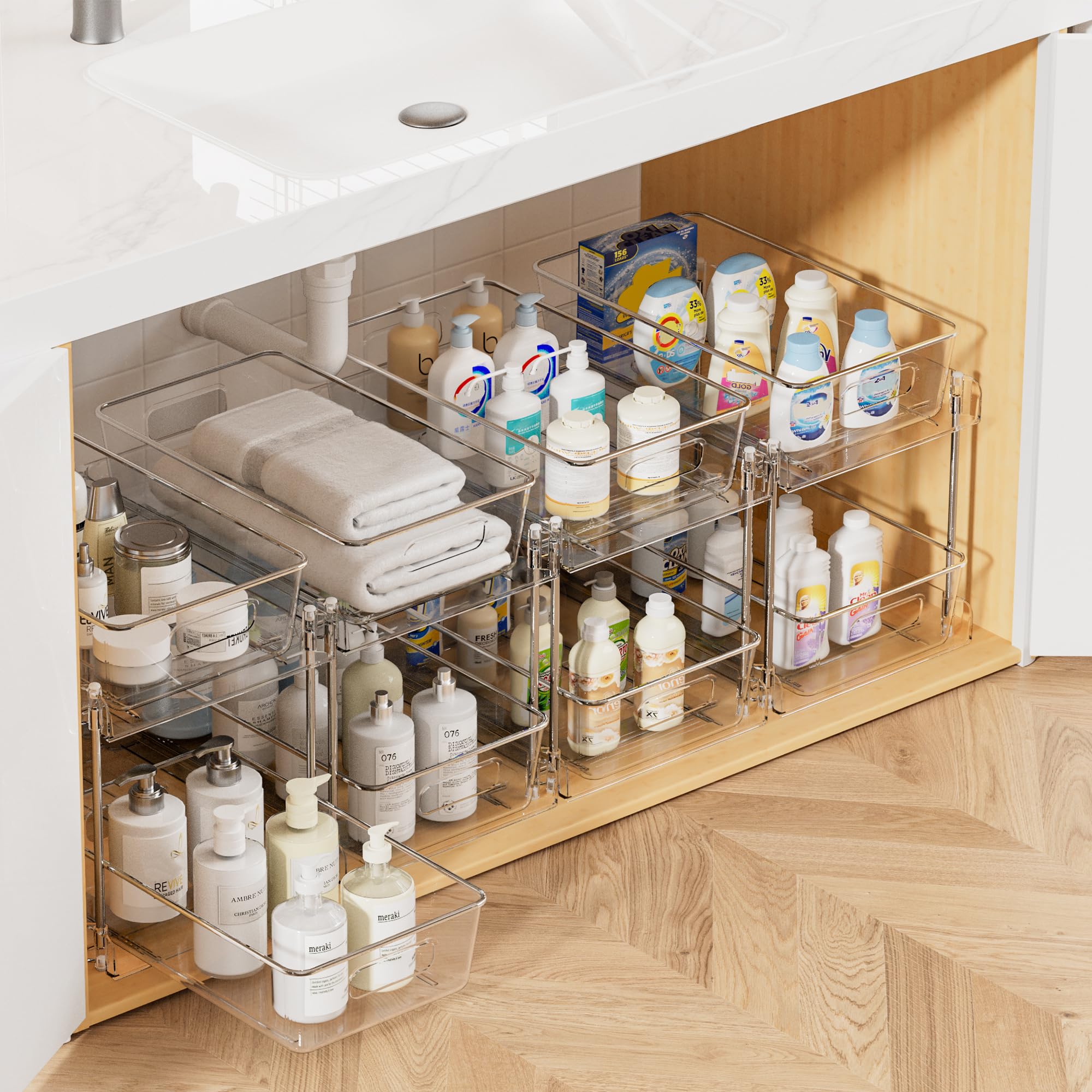 Vtopmart 4 Pack Bathroom Organizer, 2 Tier Clear Under Sink Organizers Vanity Countertop Storage Container,Cabinet Drawers Bins, Pull-Out Organization