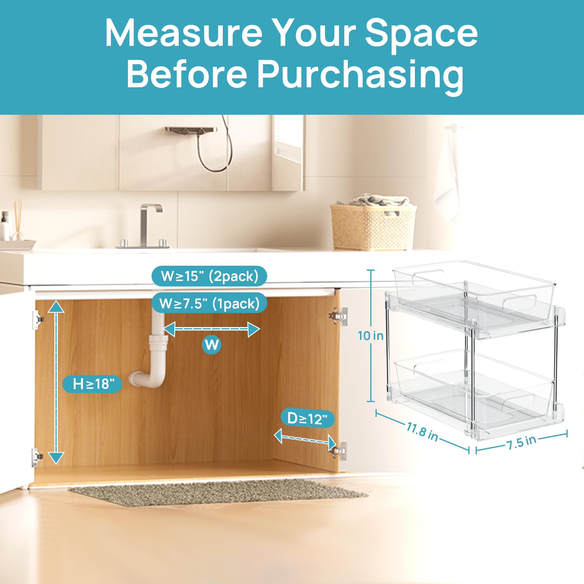 Vtopmart 4 Pack Bathroom Organizer, 2 Tier Clear Under Sink Organizers Vanity Countertop Storage Container,Cabinet Drawers Bins, Pull-Out Organization detail view 3