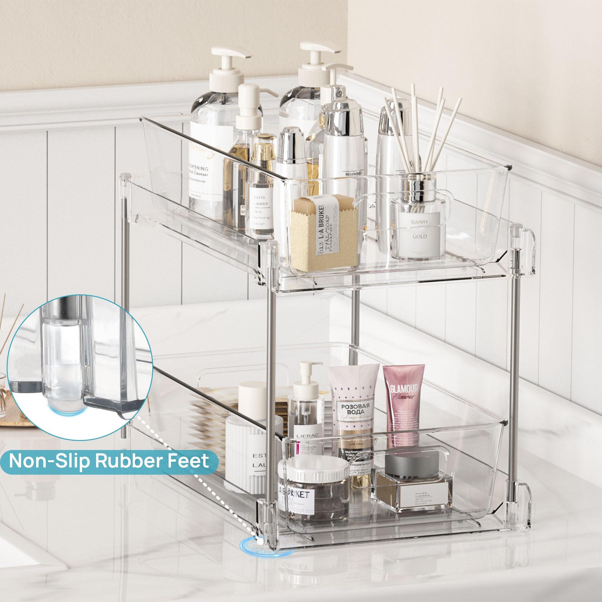 Vtopmart 4 Pack Bathroom Organizer, 2 Tier Clear Under Sink Organizers Vanity Countertop Storage Container,Cabinet Drawers Bins, Pull-Out Organization detail view 5